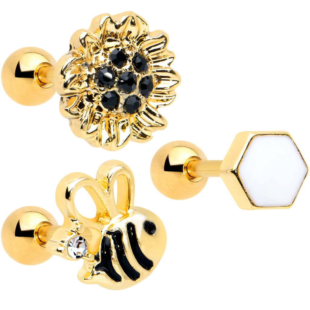 BodyCandy 16G 1/4 Black CZ Gem Gold Tone Beehive Cartilage Earring Set of 3 — main product shot