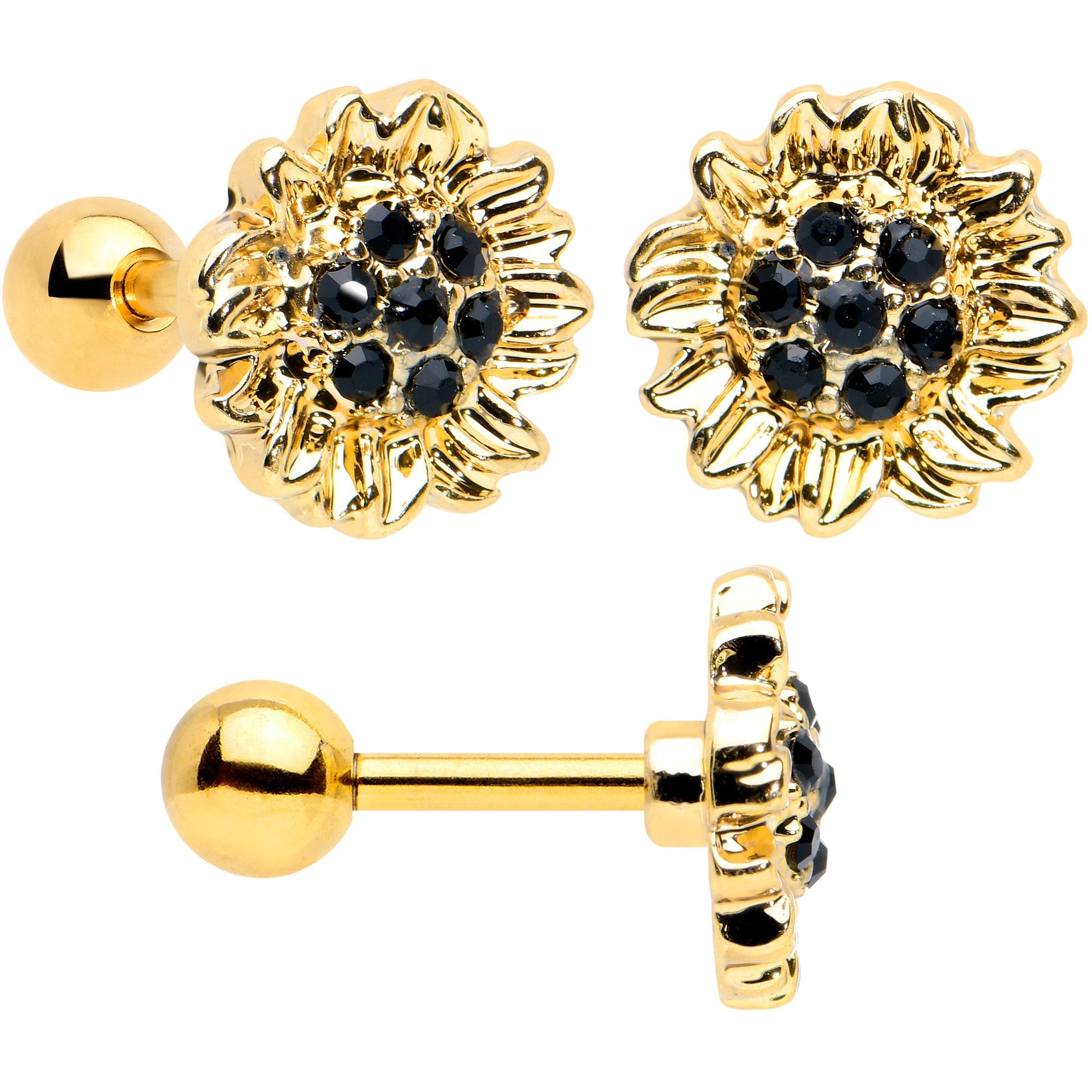 BodyCandy 16G 1/4 Black CZ Gem Gold Tone Beehive Cartilage Earring Set of 3 — detail close-up