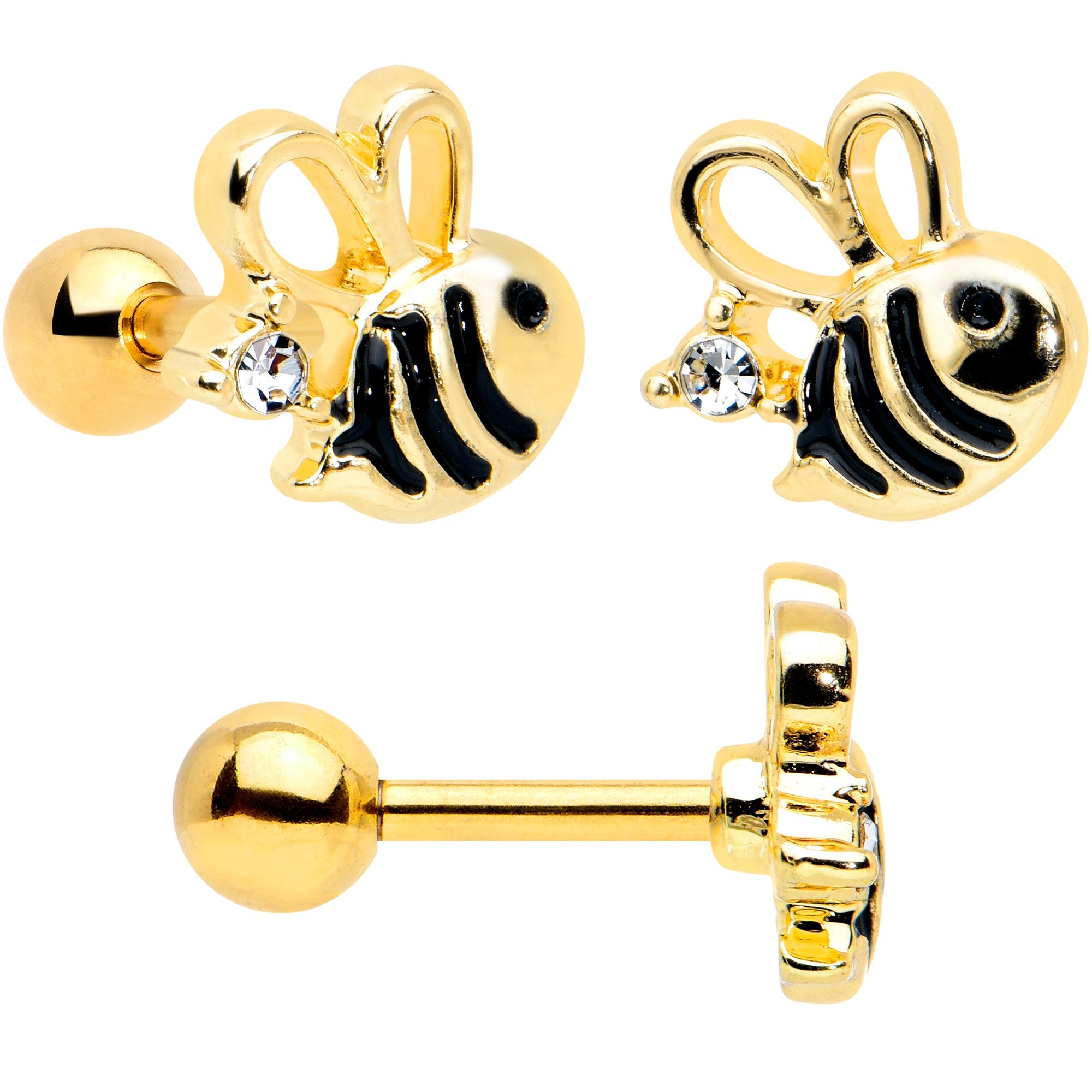 BodyCandy 16G 1/4 Black CZ Gem Gold Tone Beehive Cartilage Earring Set of 3 — lifestyle context