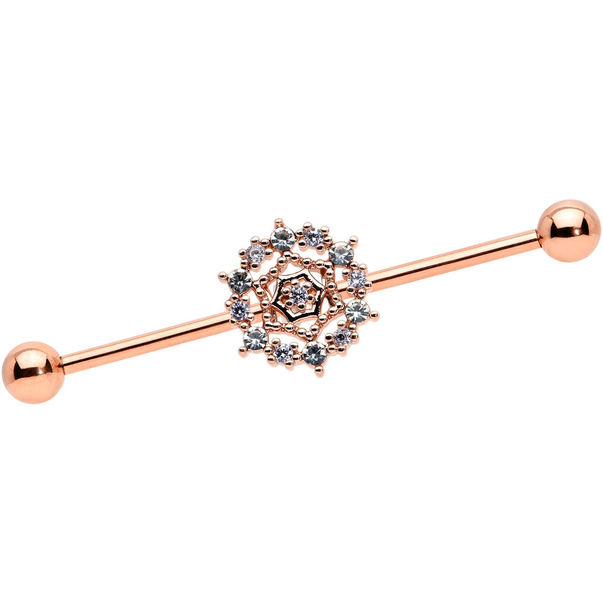 BodyCandy 14G Clear CZ Gem Rose Gold Tone Geo Web Industrial Barbell 38mm — main product shot