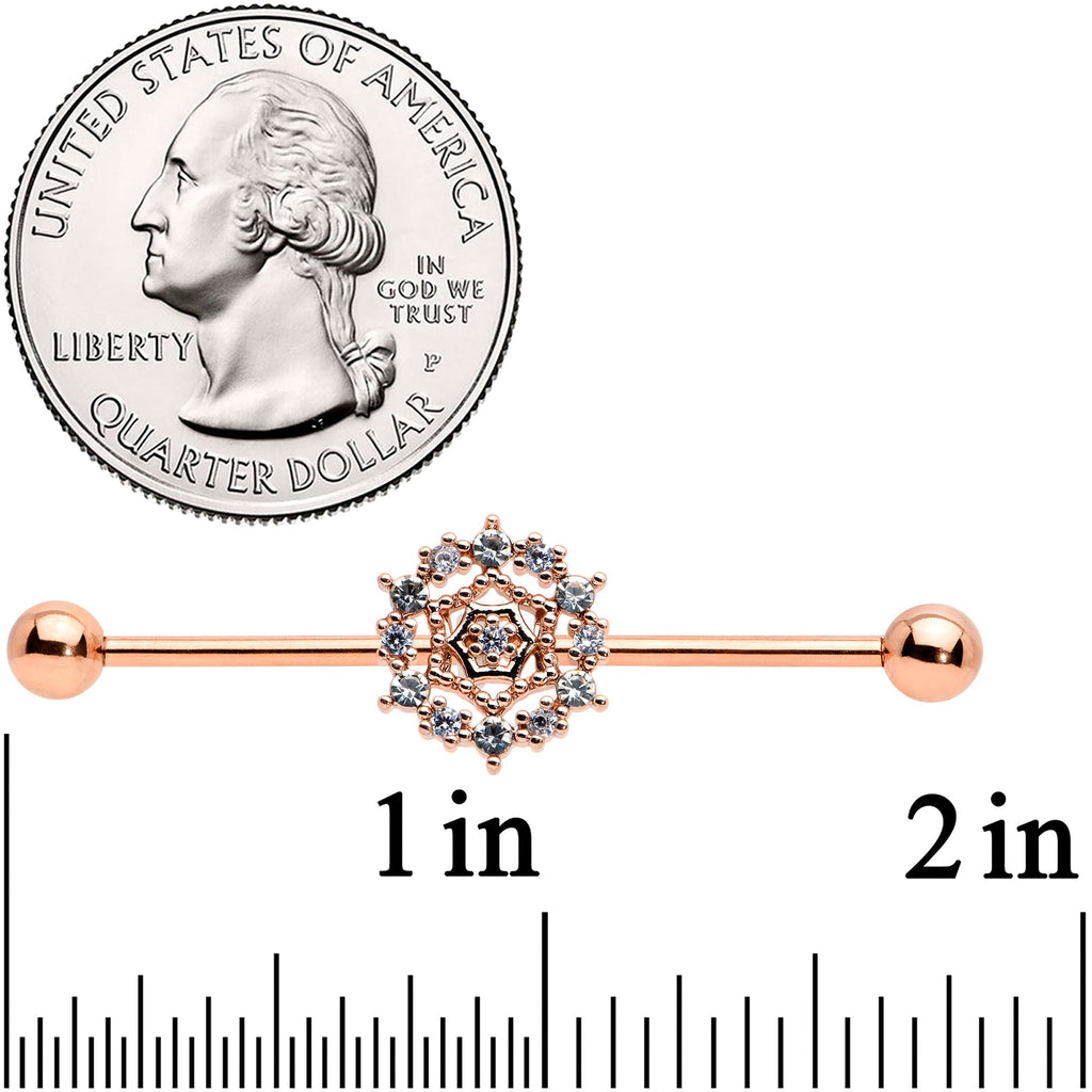 BodyCandy 14G Clear CZ Gem Rose Gold Tone Geo Web Industrial Barbell 38mm — detail close-up