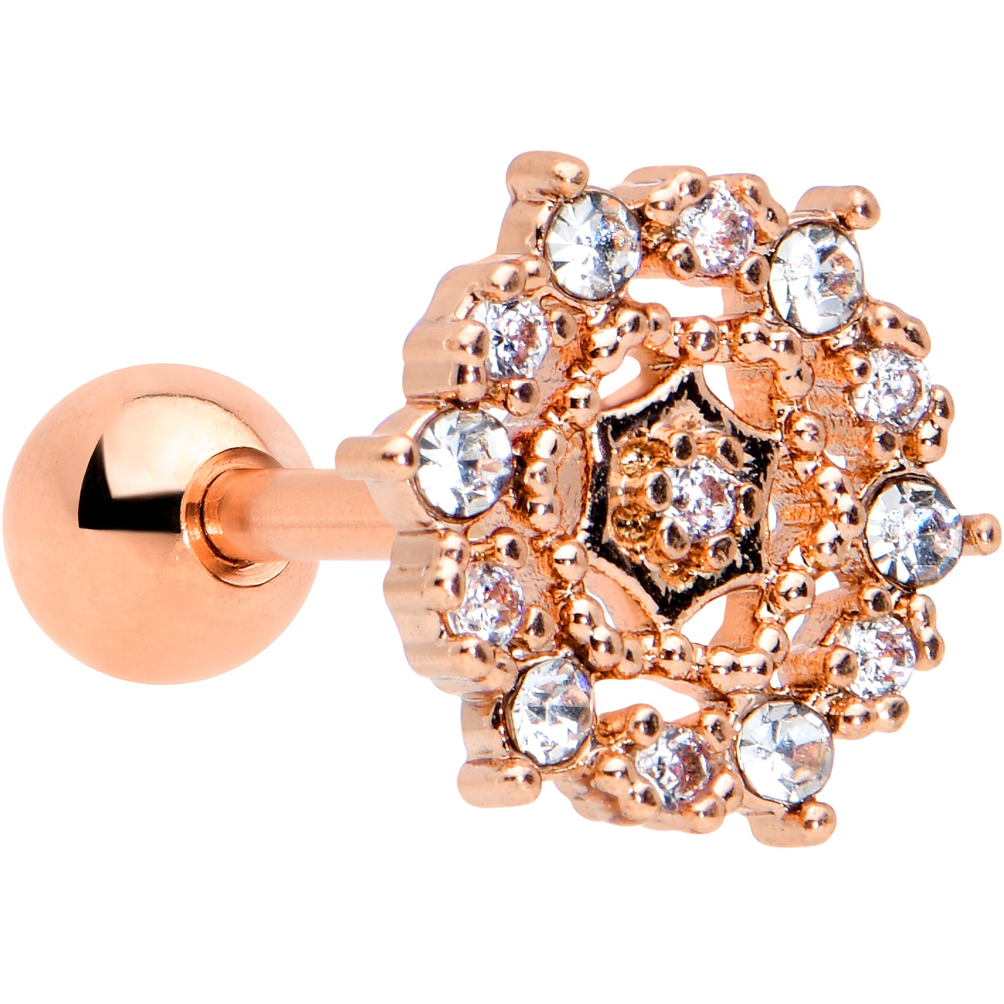 BodyCandy 16G 1/4 Clear CZ Gem Rose Gold Tone Geometric Web Tragus Earring — main product shot