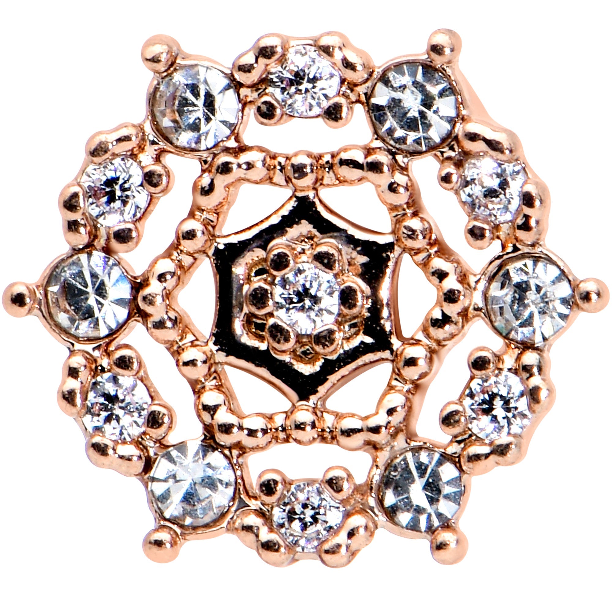 BodyCandy 16G 1/4 Clear CZ Gem Rose Gold Tone Geometric Web Tragus Earring — detail close-up