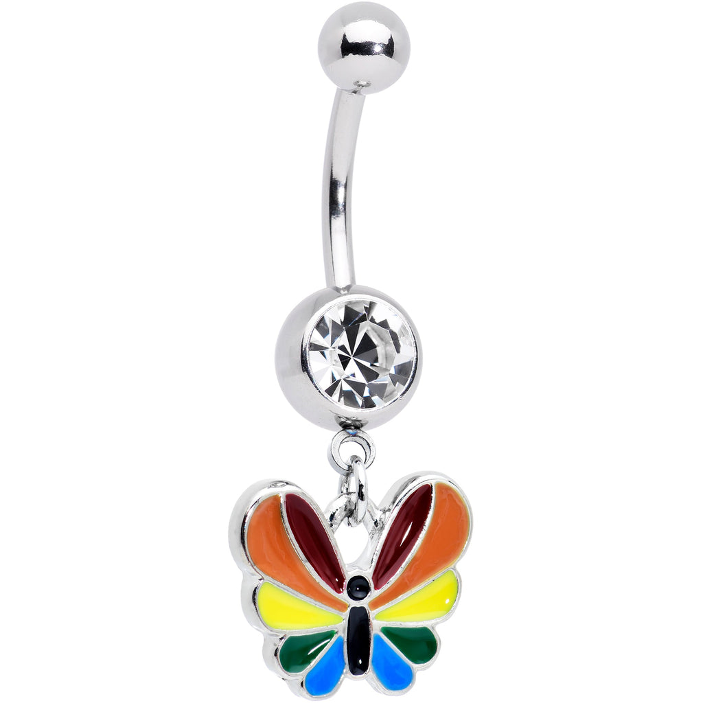 BodyCandy Clear Gem Pride Rainbow Stripes Butterfly Dangle Belly Ring — main product shot