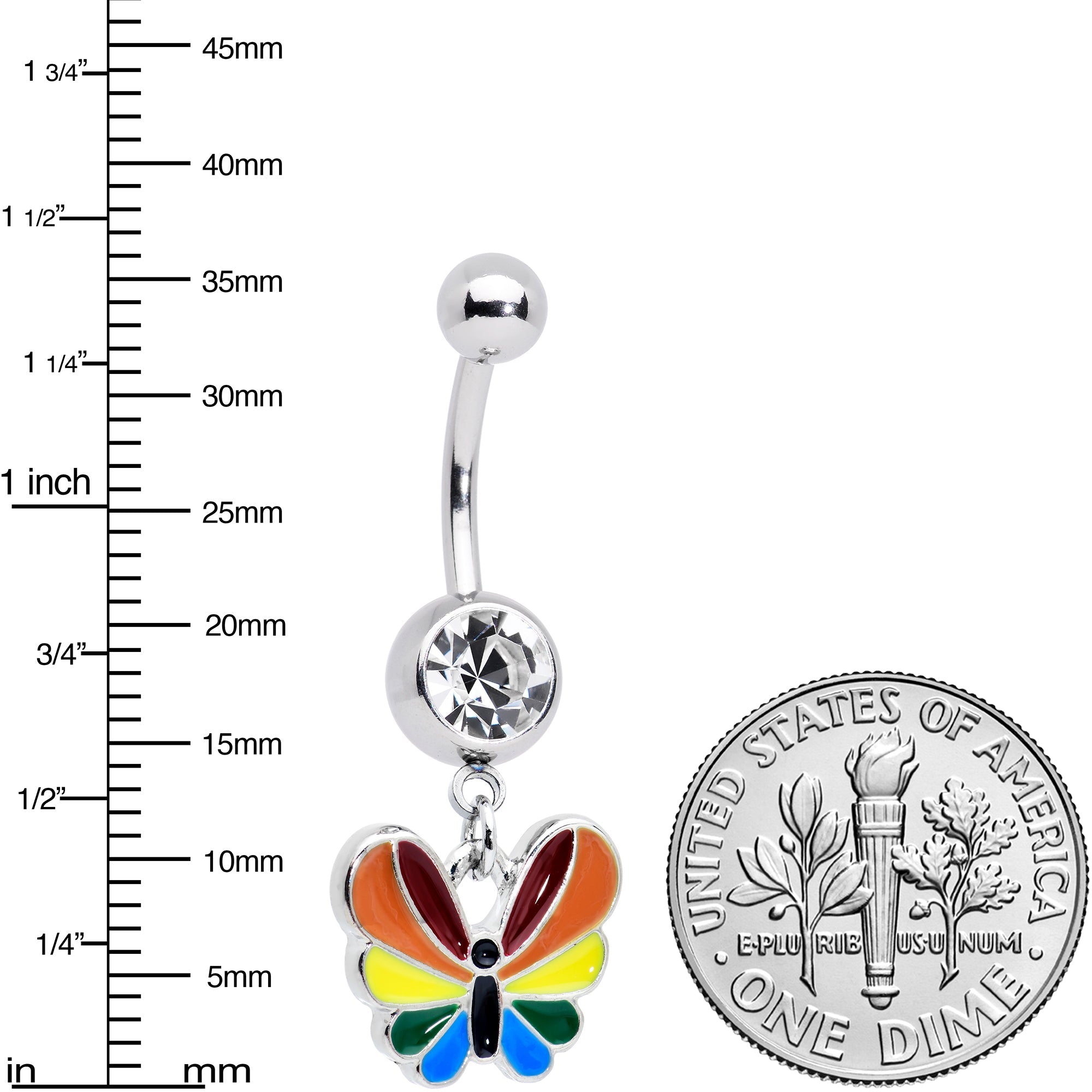 BodyCandy Clear Gem Pride Rainbow Stripes Butterfly Dangle Belly Ring — detail close-up