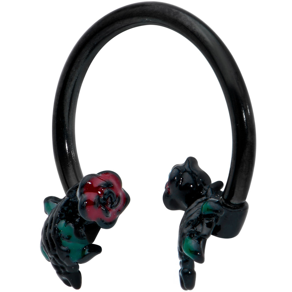 BodyCandy 16G 3/8 Black Skeleton Flower Halloween Horseshoe Circular Barbell — detail close-up