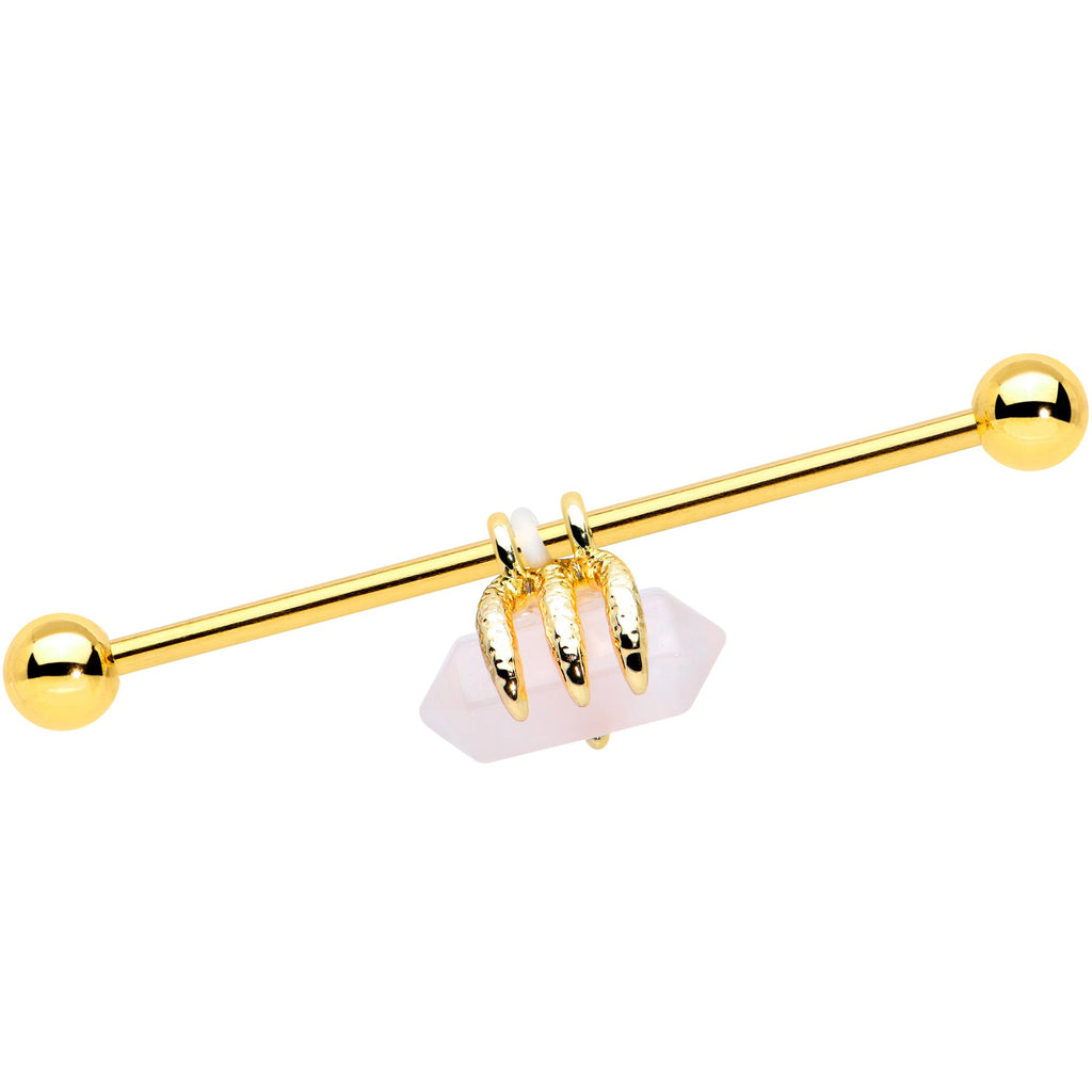 BodyCandy 14G Pink Rose Quartz Gold Tone Claw Industrial Barbell 38mm — main product shot