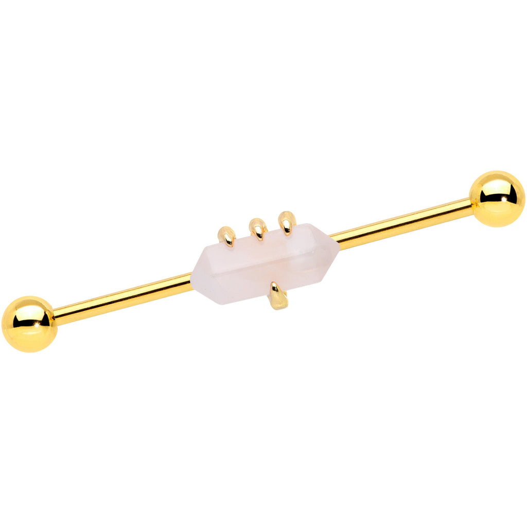 BodyCandy 14G Pink Rose Quartz Gold Tone Claw Industrial Barbell 38mm — detail close-up