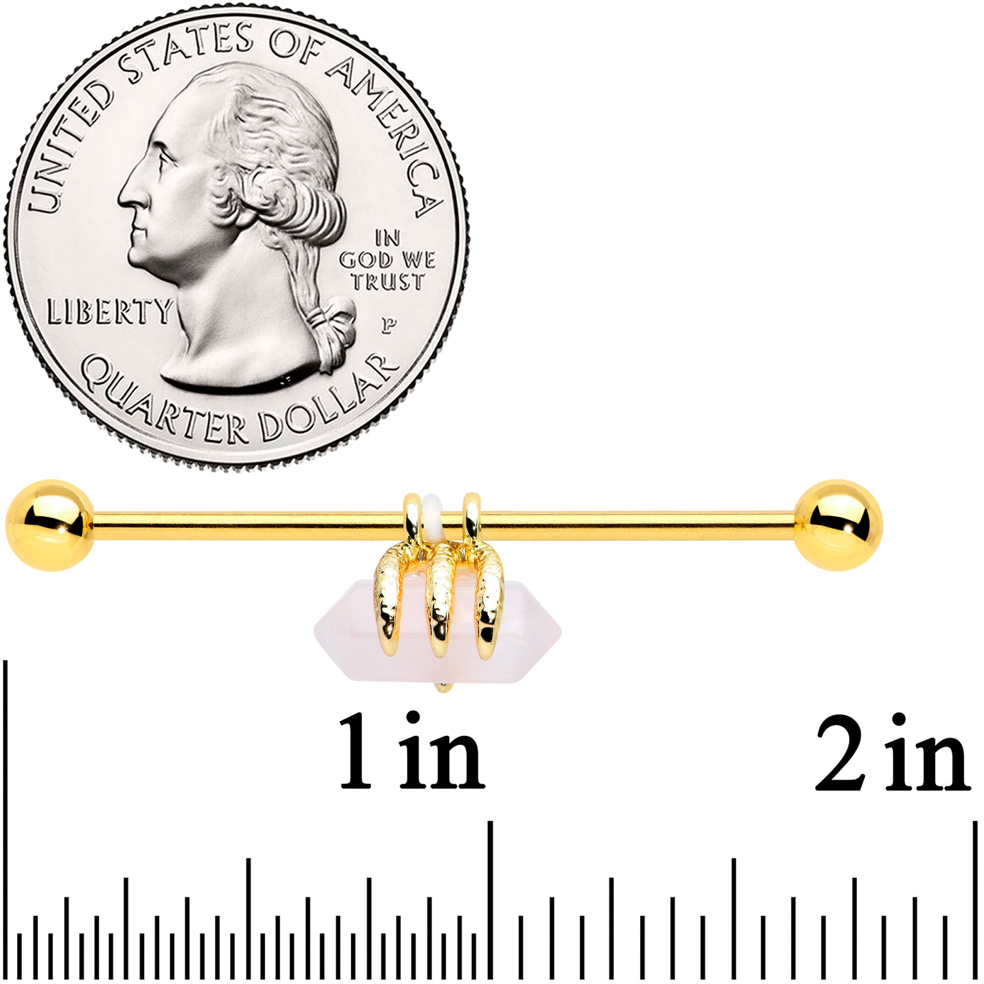 BodyCandy 14G Pink Rose Quartz Gold Tone Claw Industrial Barbell 38mm — lifestyle context