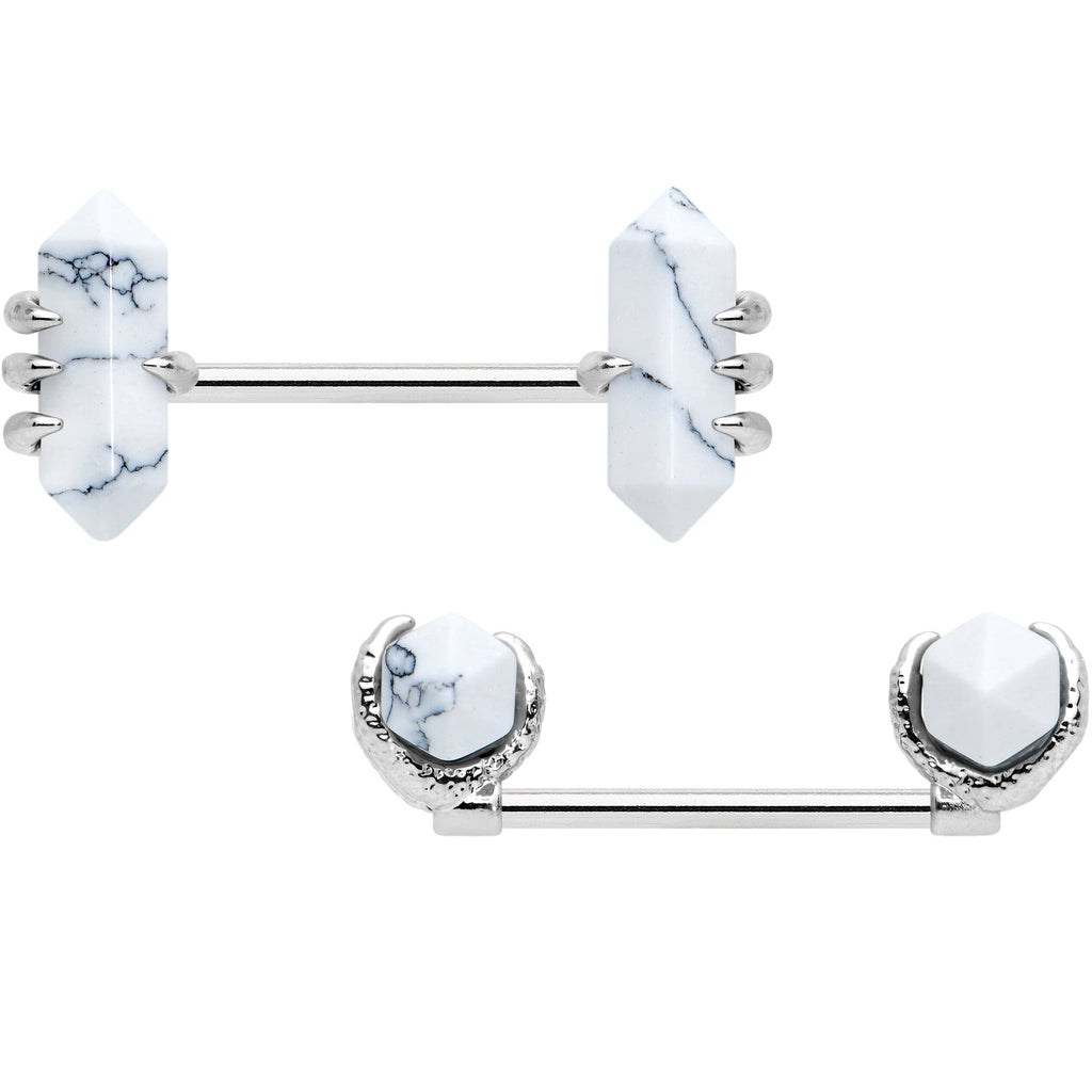 BodyCandy 14G 9/16 White Howlite Stone Obelisks Barbell Nipple Ring Set — detail close-up