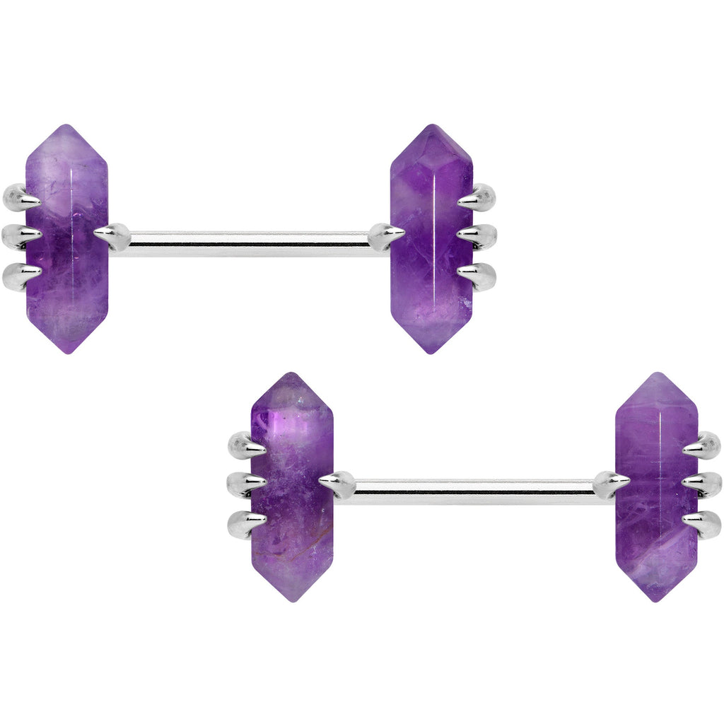 BodyCandy 14G 9/16 Purple Amethyst Stone Obelisks Barbell Nipple Ring Set — main product shot