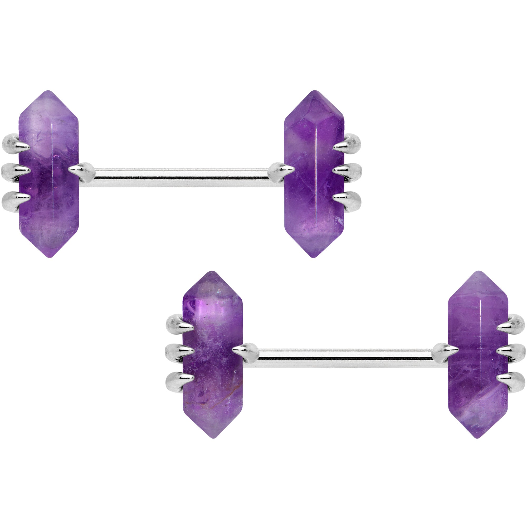 BodyCandy 14G 9/16 Purple Amethyst Stone Obelisks Barbell Nipple Ring Set — main product shot