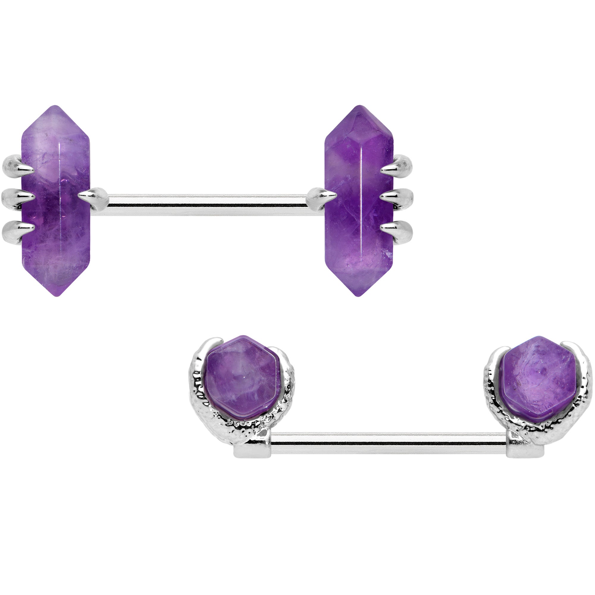 BodyCandy 14G 9/16 Purple Amethyst Stone Obelisks Barbell Nipple Ring Set — detail close-up