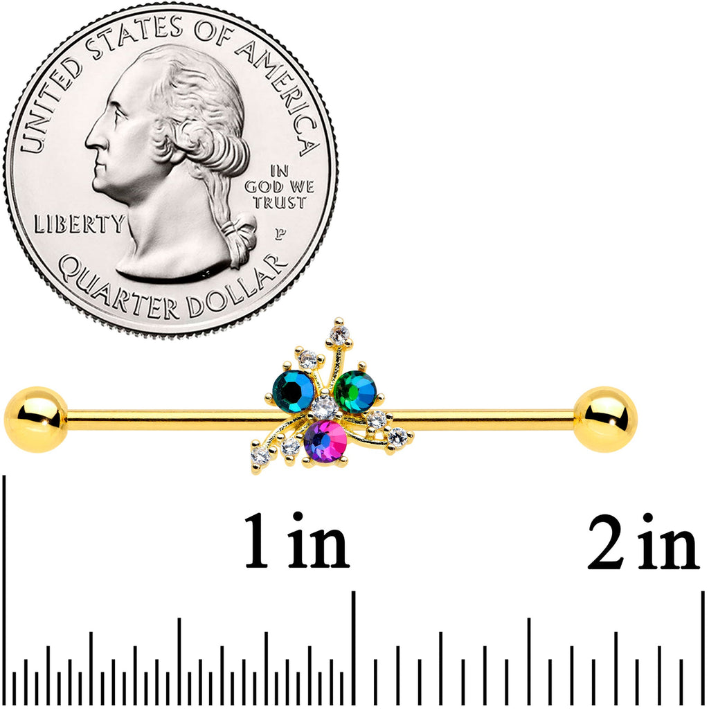 BodyCandy 14G Purple Tourmaline Gold Tone Spray Industrial Barbell 38mm — detail close-up