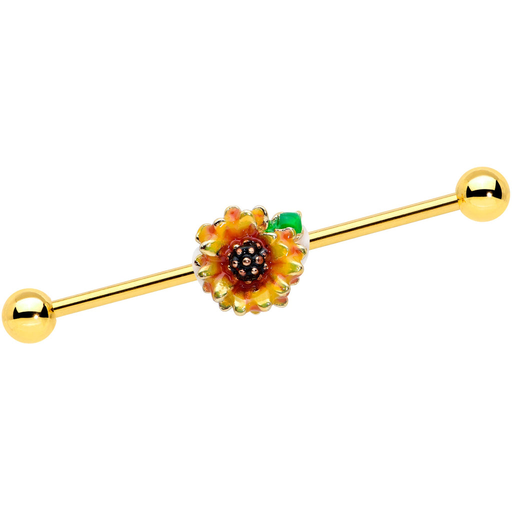 BodyCandy 14G Gold Tone Summer Sunflower Industrial Barbell 38mm — main product shot