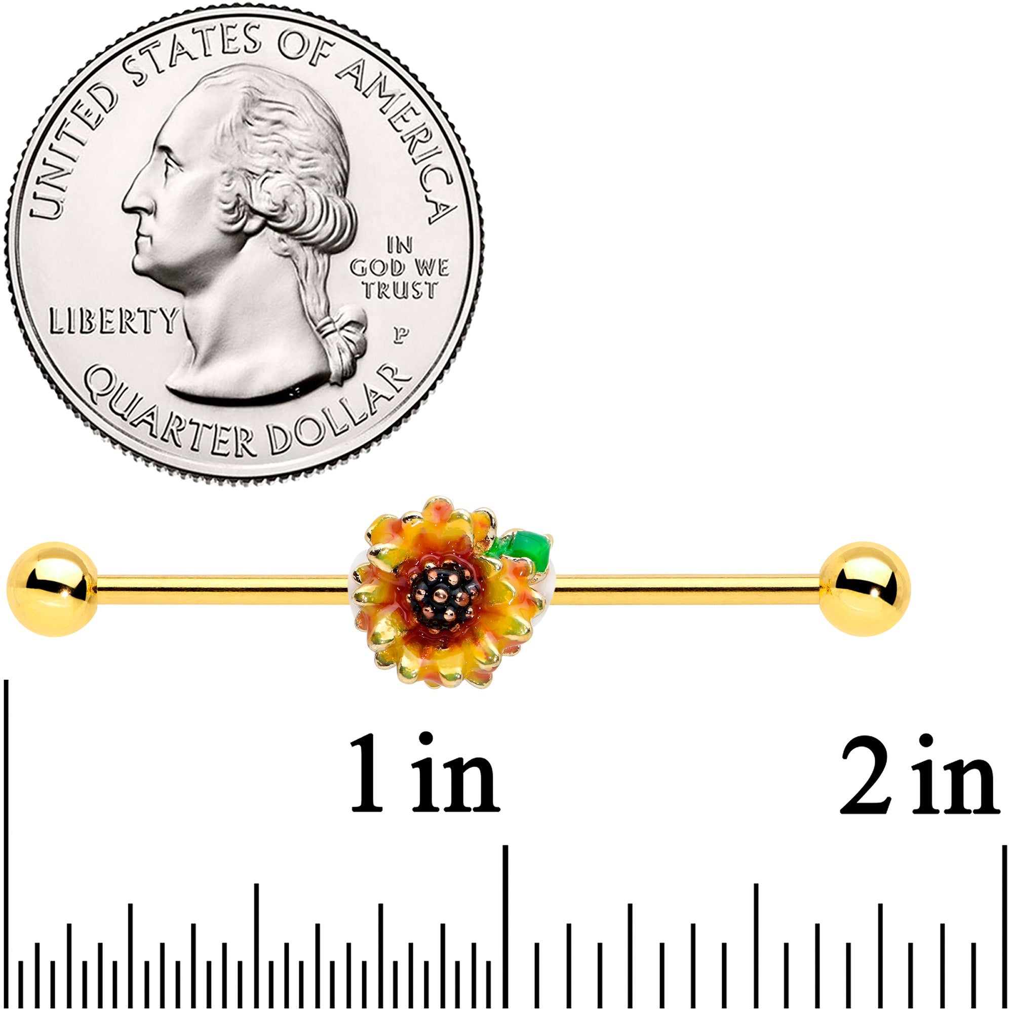 BodyCandy 14G Gold Tone Summer Sunflower Industrial Barbell 38mm — detail close-up