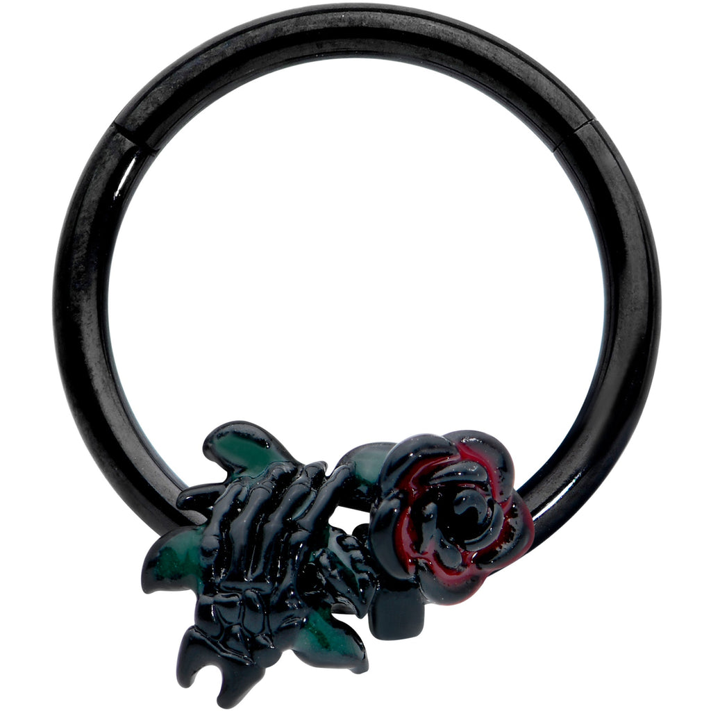 BodyCandy 16G 3/8 Black Skeleton Flower Halloween Hinged Circular Ring — main product shot