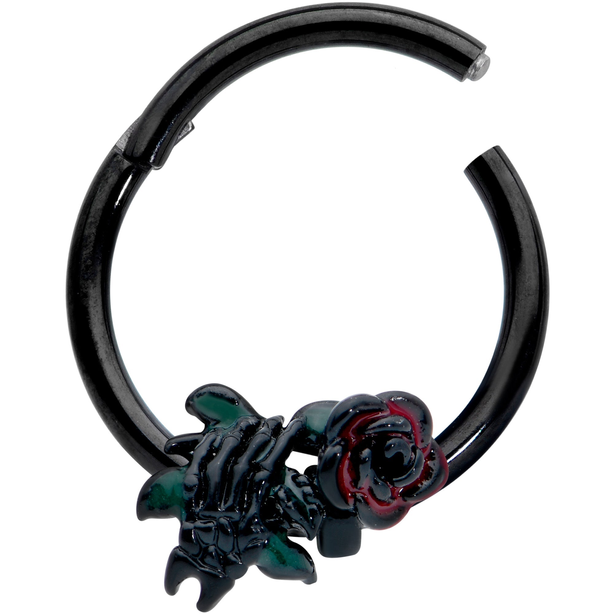 BodyCandy 16G 3/8 Black Skeleton Flower Halloween Hinged Circular Ring — detail close-up