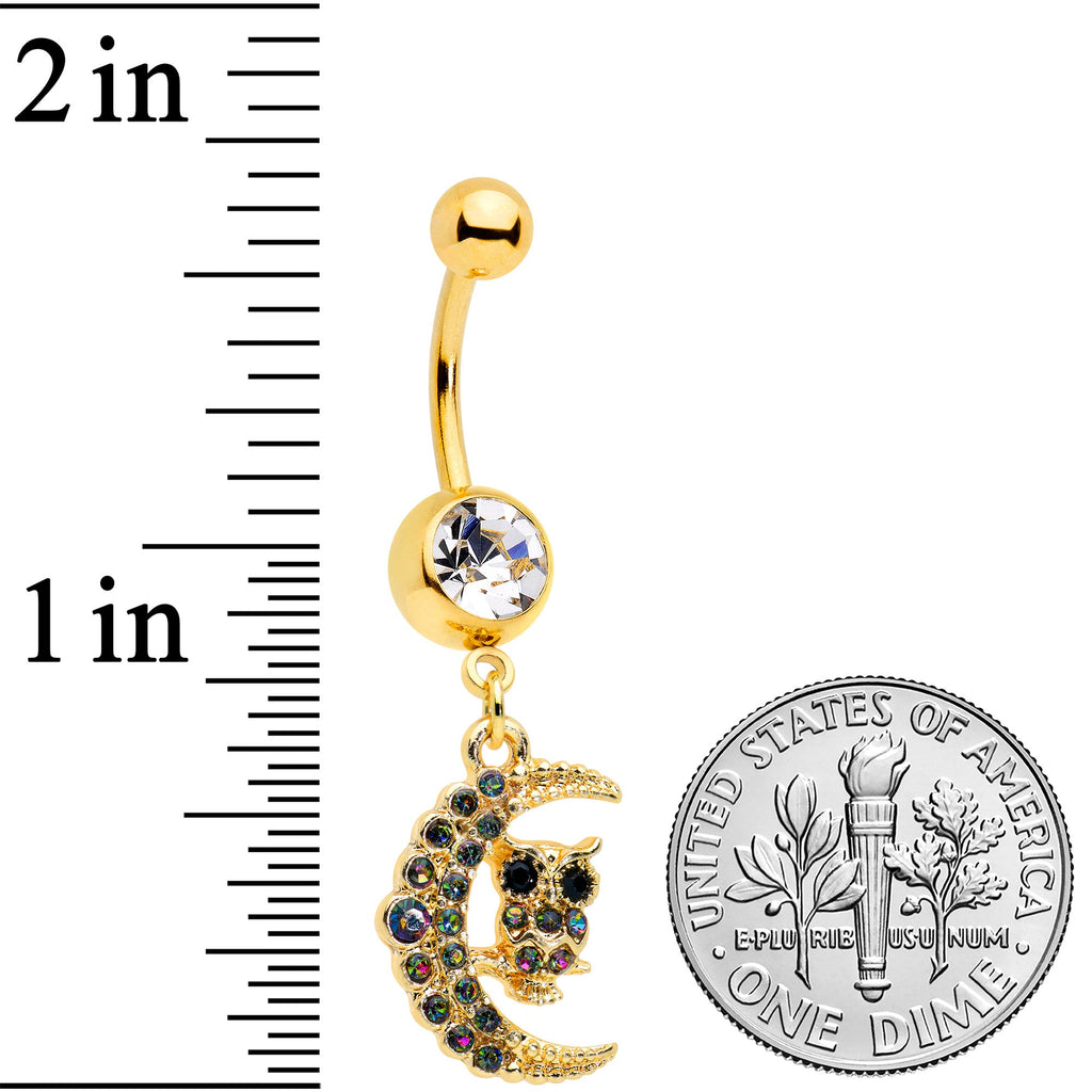 BodyCandy Clear Aurora Black Gem Gold Tone Owl Moon Dangle Belly Ring — detail close-up