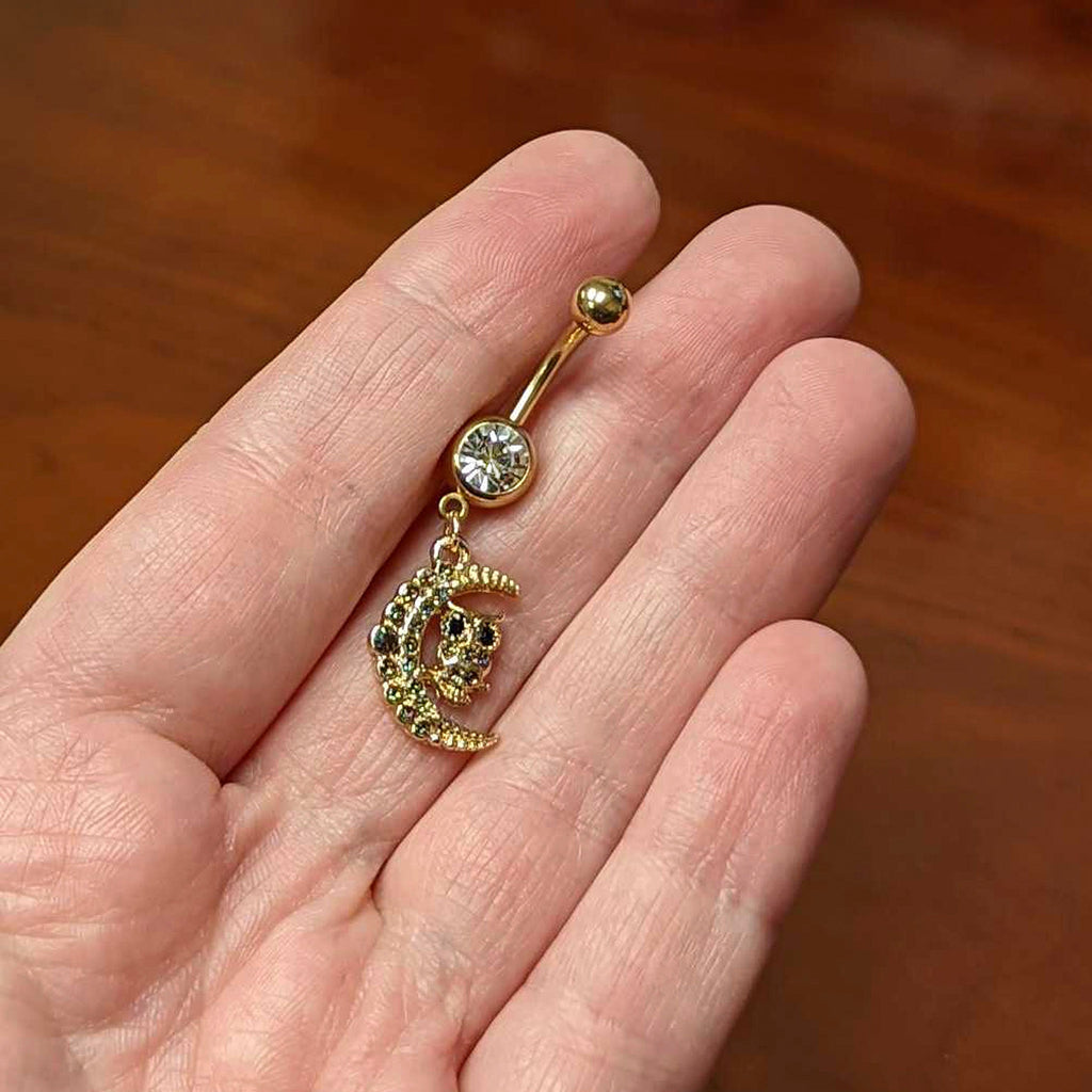 BodyCandy Clear Aurora Black Gem Gold Tone Owl Moon Dangle Belly Ring — lifestyle context