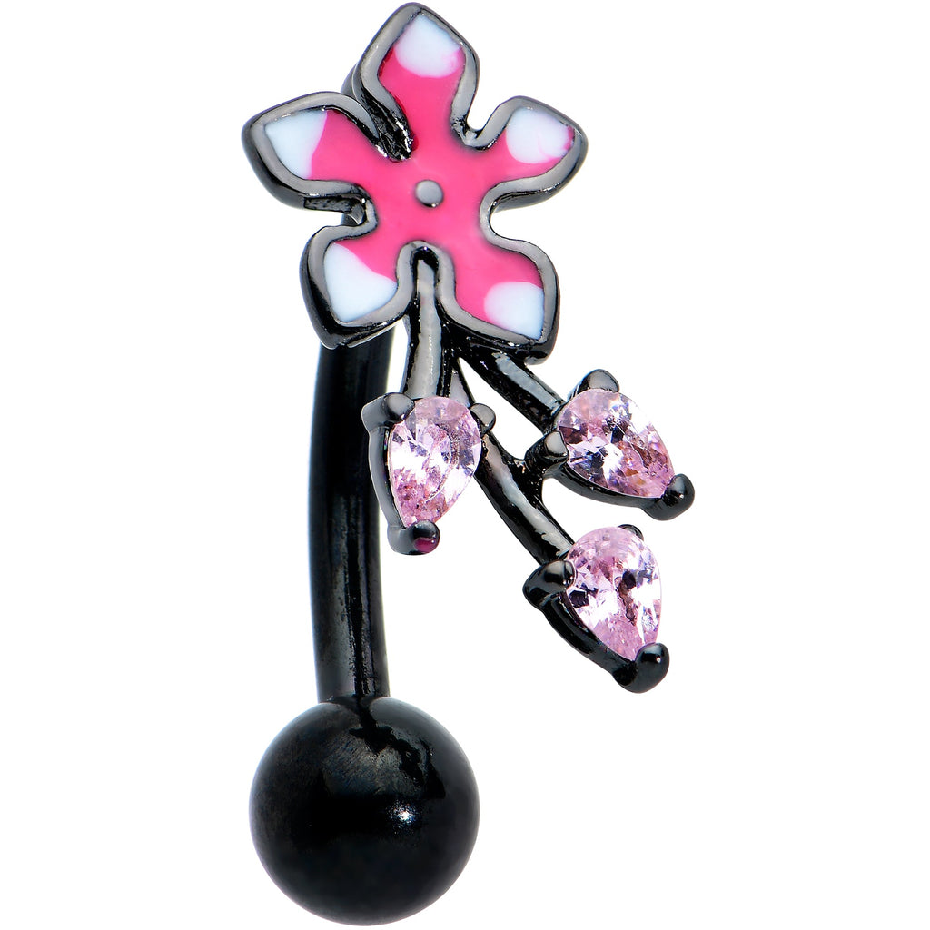 BodyCandy Pink Gem Black Fanciful Flower Top Mount Belly Ring — detail close-up