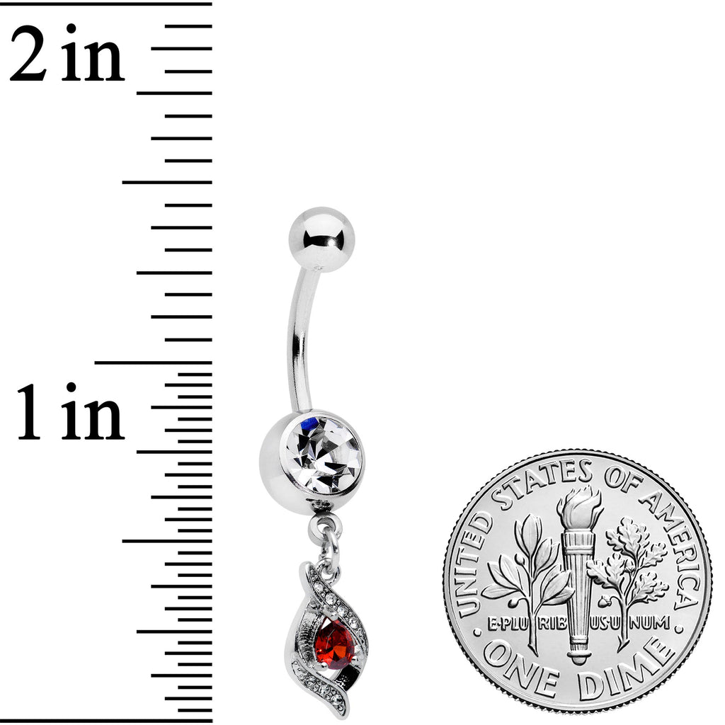 BodyCandy Clear Red Gem Swirling Oval Dangle Belly Ring — detail close-up