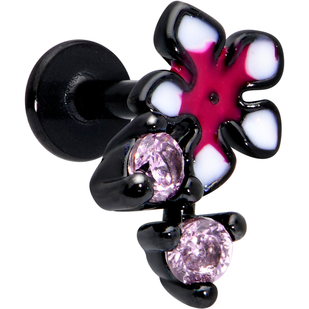 BodyCandy 16G 1/4 Pink Gem Black Fanciful Flower Labret Monroe Tragus — main product shot