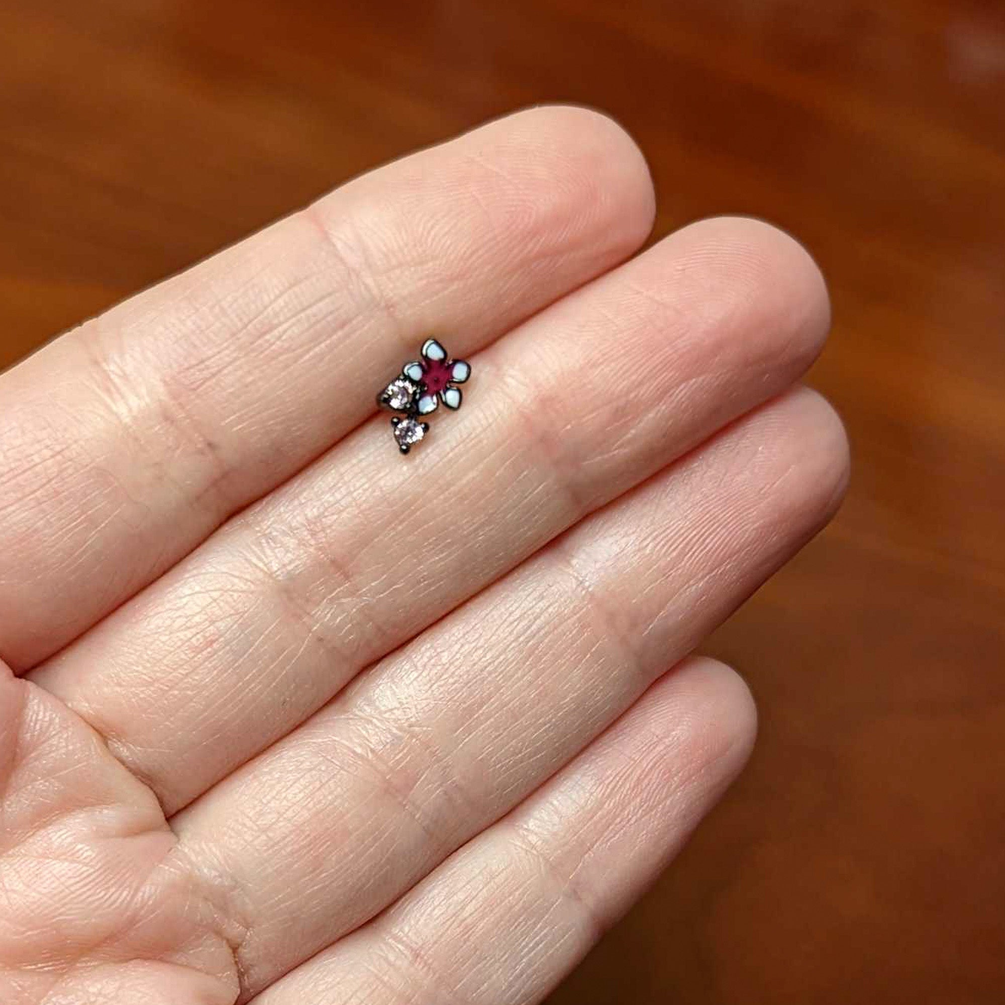 BodyCandy 16G 1/4 Pink Gem Black Fanciful Flower Labret Monroe Tragus — back view