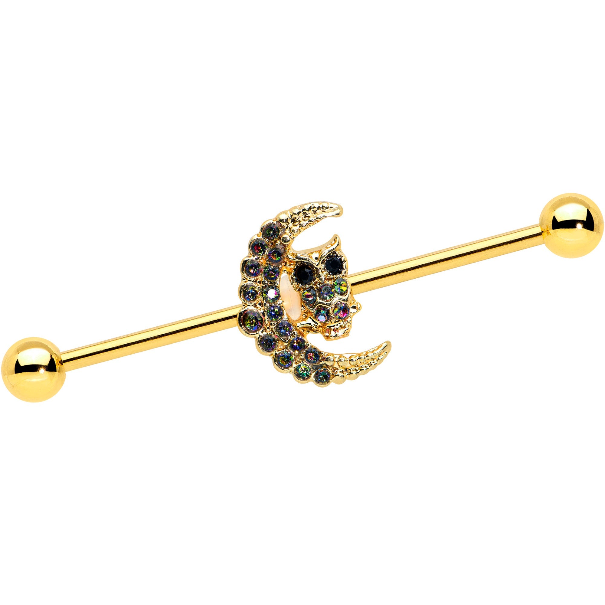 BodyCandy 14G Aurora Black Gem Gold Tone Owl Moon Industrial Barbell 38mm — main product shot