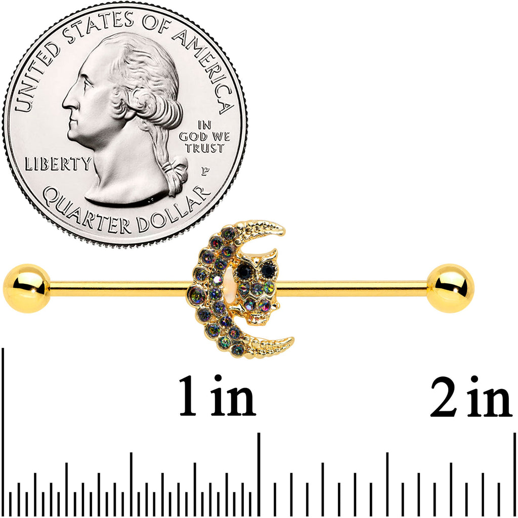 BodyCandy 14G Aurora Black Gem Gold Tone Owl Moon Industrial Barbell 38mm — detail close-up
