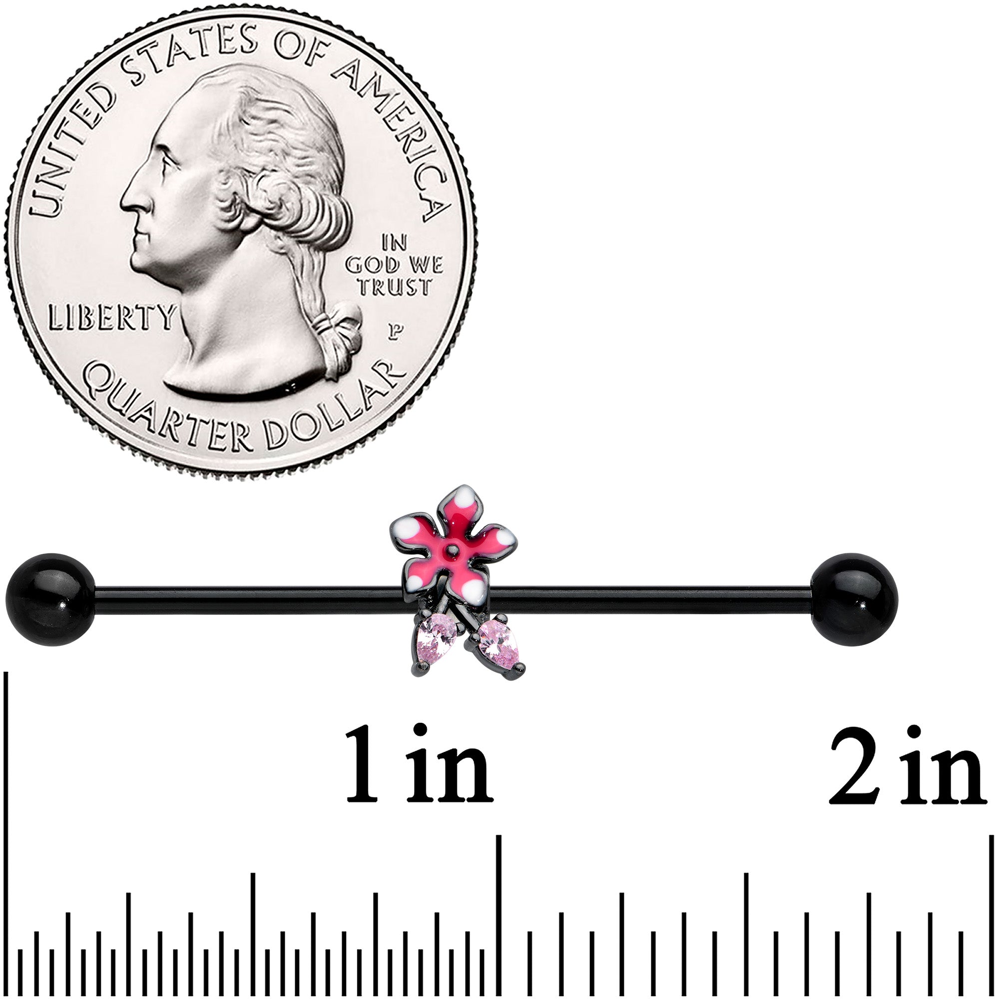 BodyCandy 14G Pink Gem Black Fanciful Flower Industrial Barbell 38mm — detail close-up