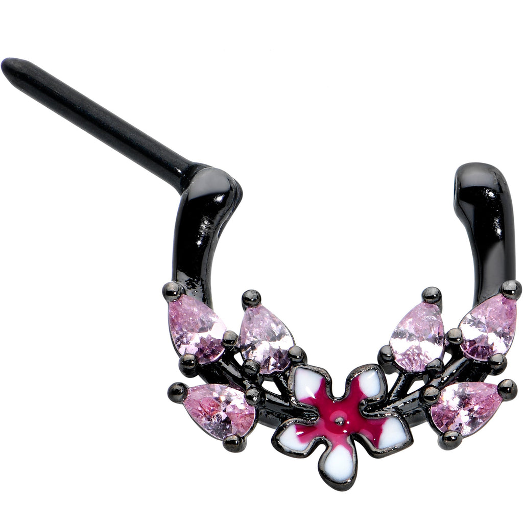 BodyCandy 16G 5/16 Pink Gem Black Fanciful Flower Cartilage Clicker — detail close-up