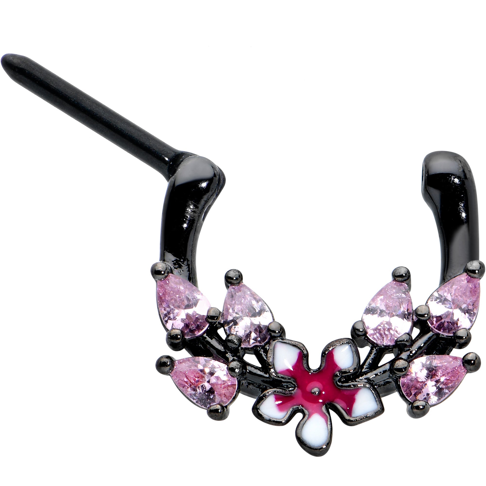BodyCandy 16G 5/16 Pink Gem Black Fanciful Flower Cartilage Clicker — detail close-up