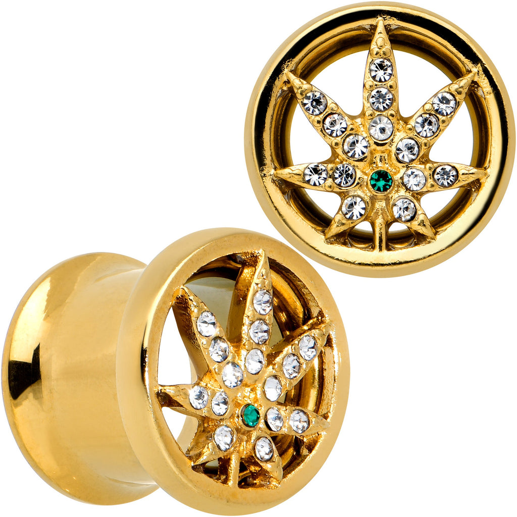 BodyCandy Green Gem Gold Tone Pot Leaf Double Flare Tunnel Plug Set — back view