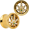 BodyCandy Green Gem Gold Tone Pot Leaf Double Flare Tunnel Plug Set — back view