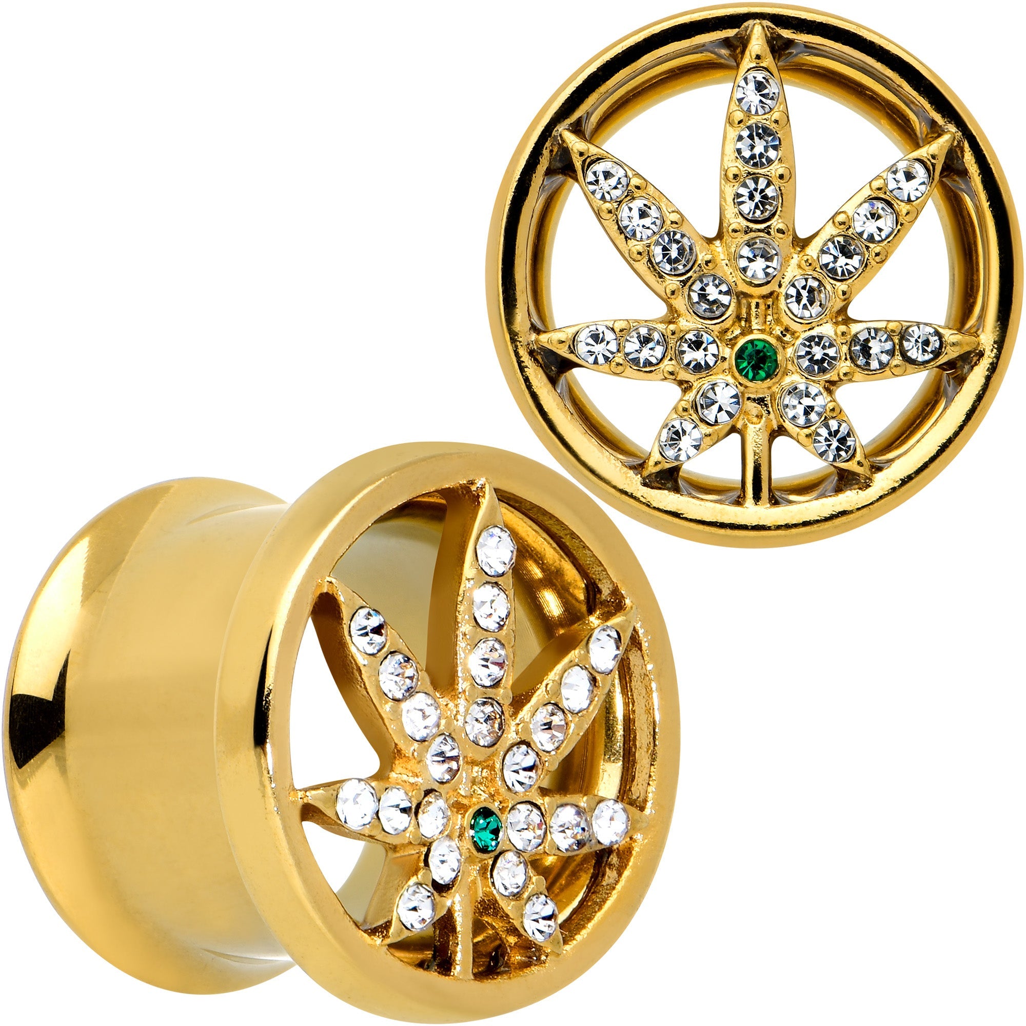 BodyCandy Green Gem Gold Tone Pot Leaf Double Flare Tunnel Plug Set — alternative angle