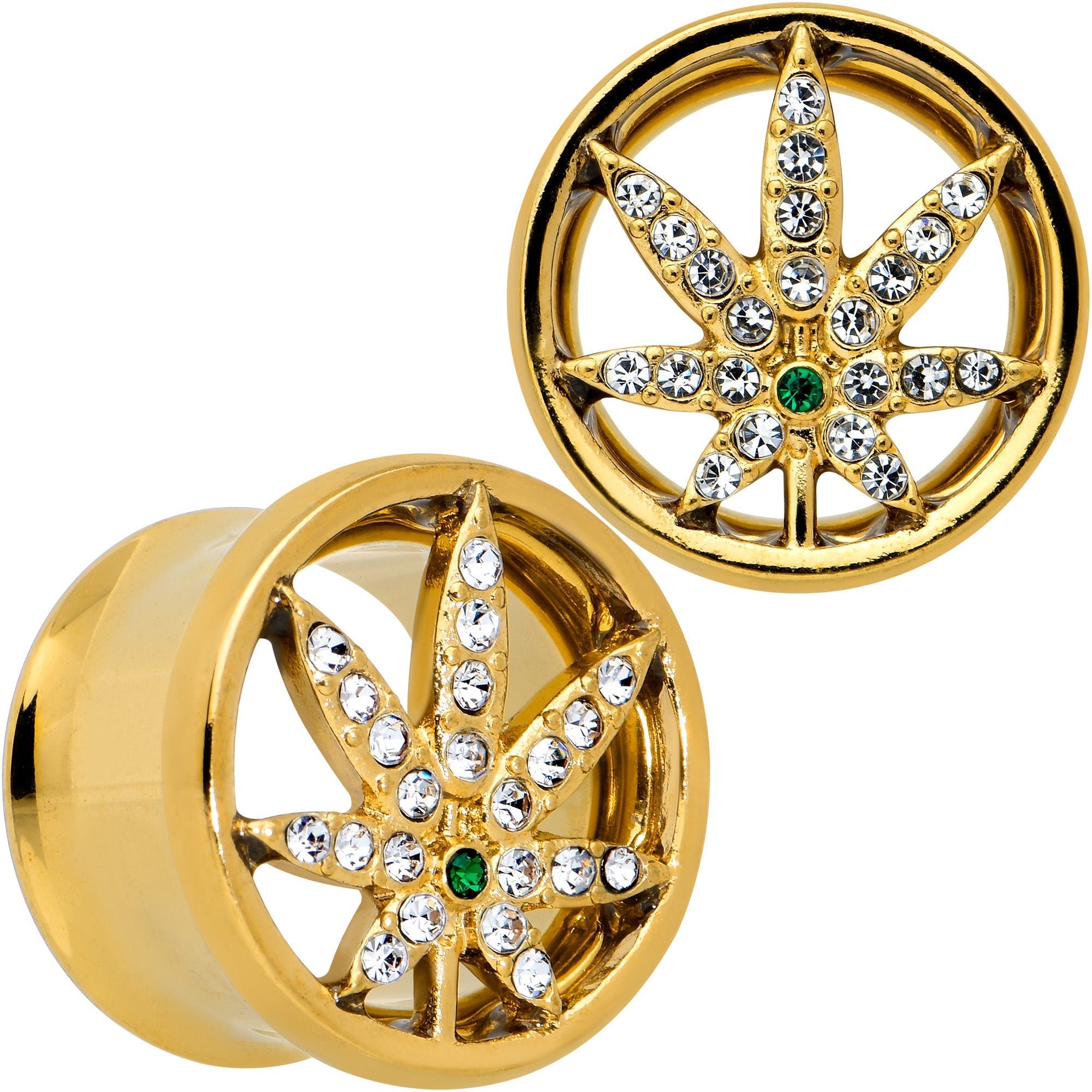 BodyCandy Green Gem Gold Tone Pot Leaf Double Flare Tunnel Plug Set — in-use photo