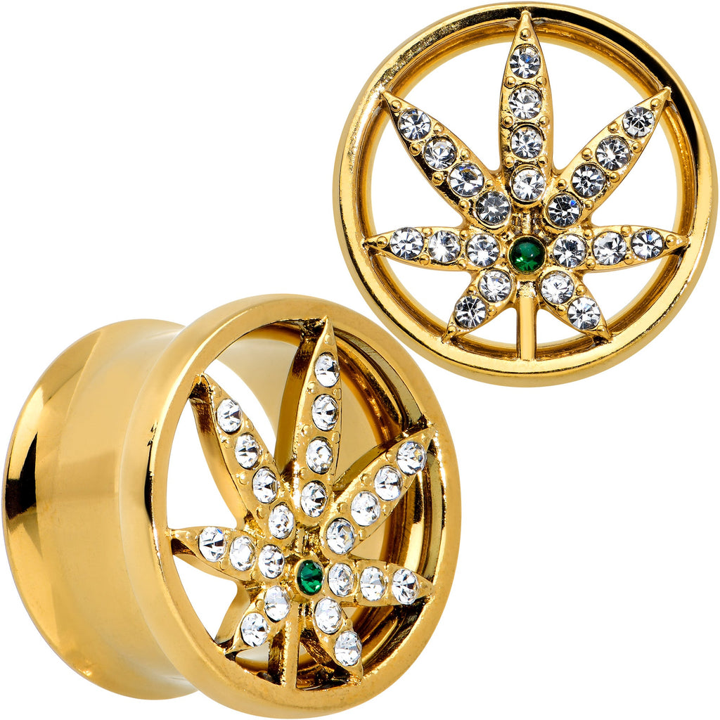BodyCandy Green Gem Gold Tone Pot Leaf Double Flare Tunnel Plug Set — size reference