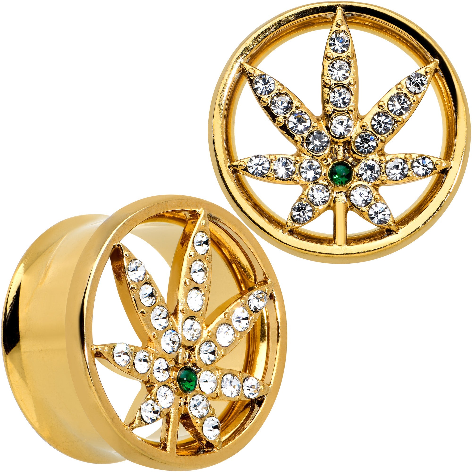BodyCandy Green Gem Gold Tone Pot Leaf Double Flare Tunnel Plug Set — color detail