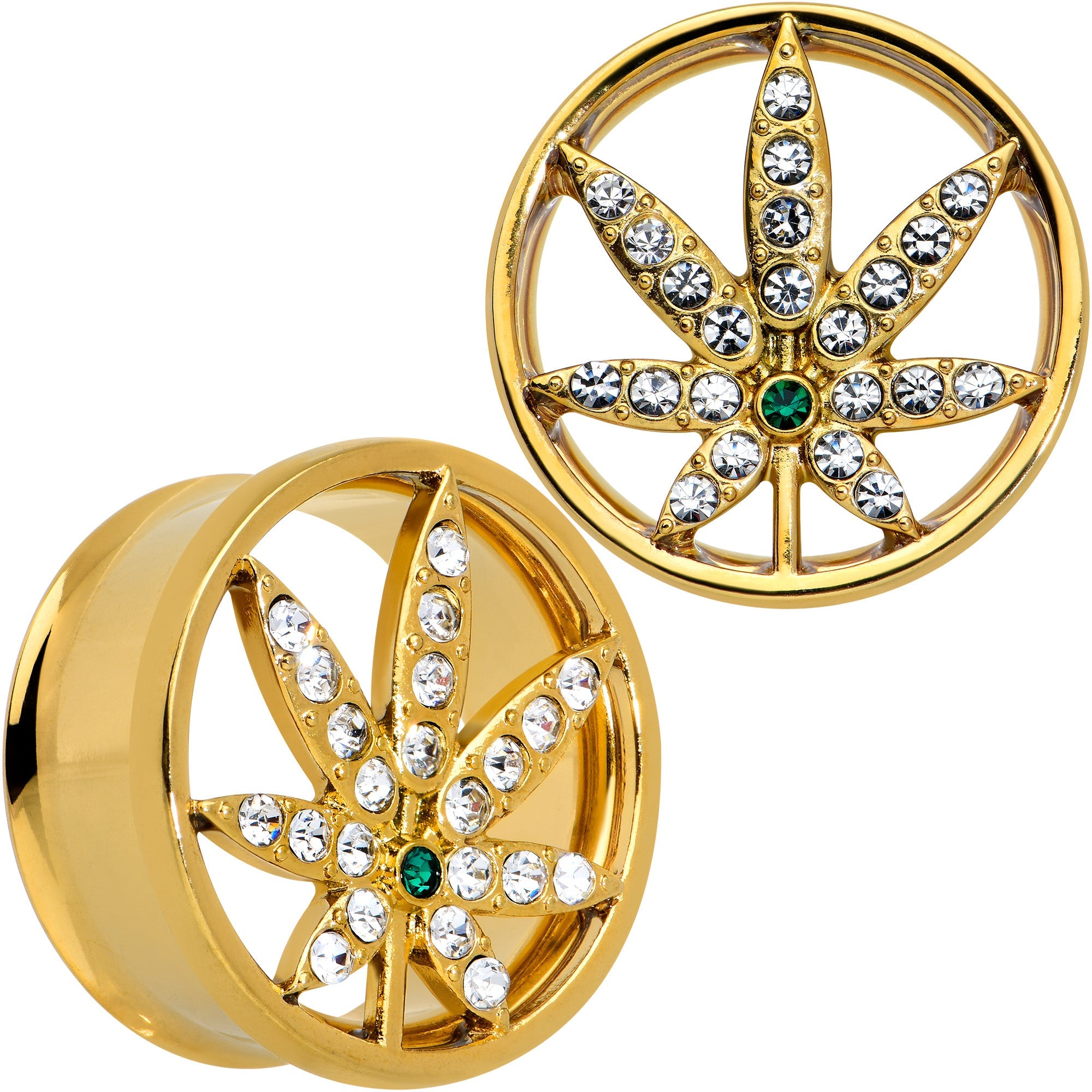 BodyCandy Green Gem Gold Tone Pot Leaf Double Flare Tunnel Plug Set — packaging