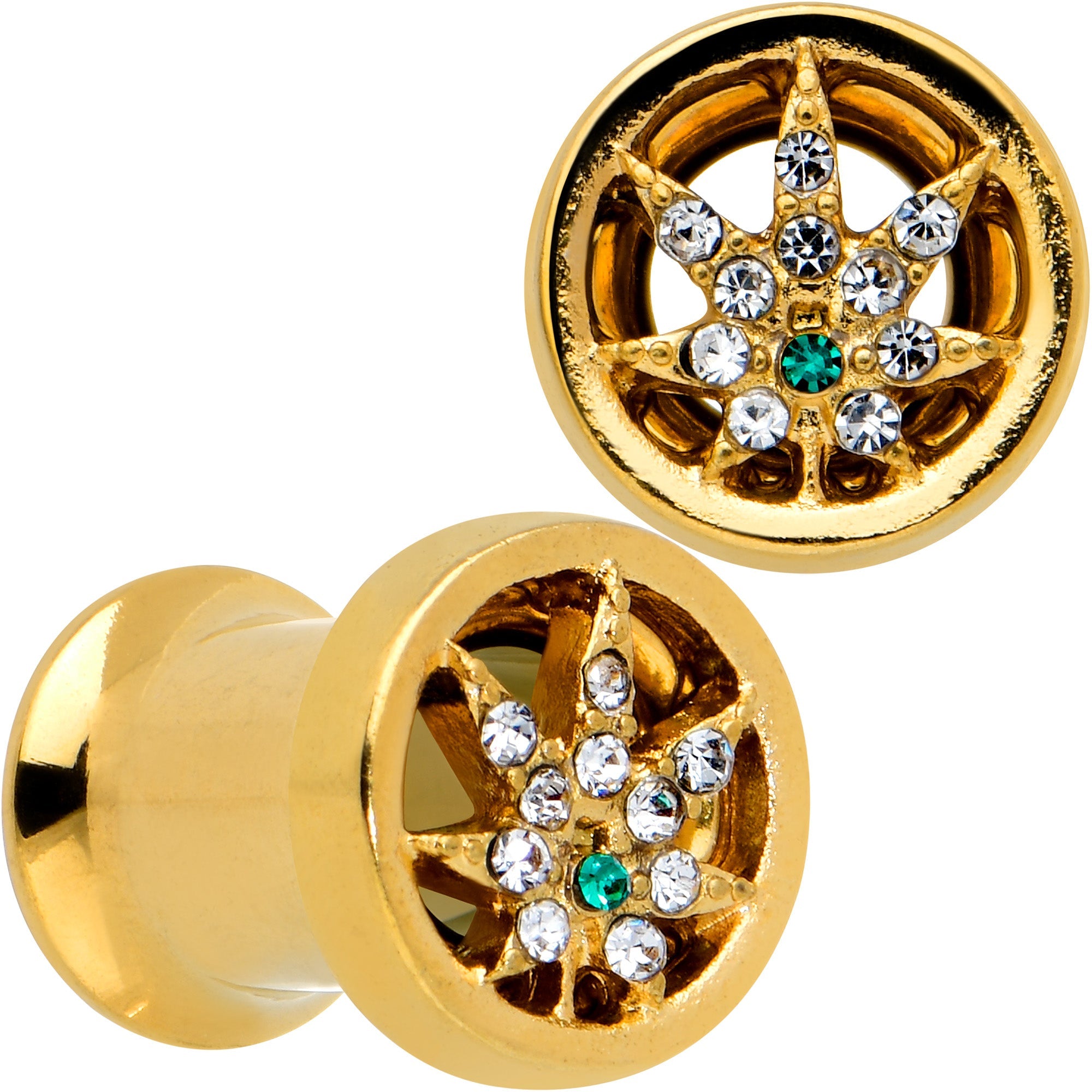 BodyCandy Green Gem Gold Tone Pot Leaf Double Flare Tunnel Plug Set — fabric or material detail