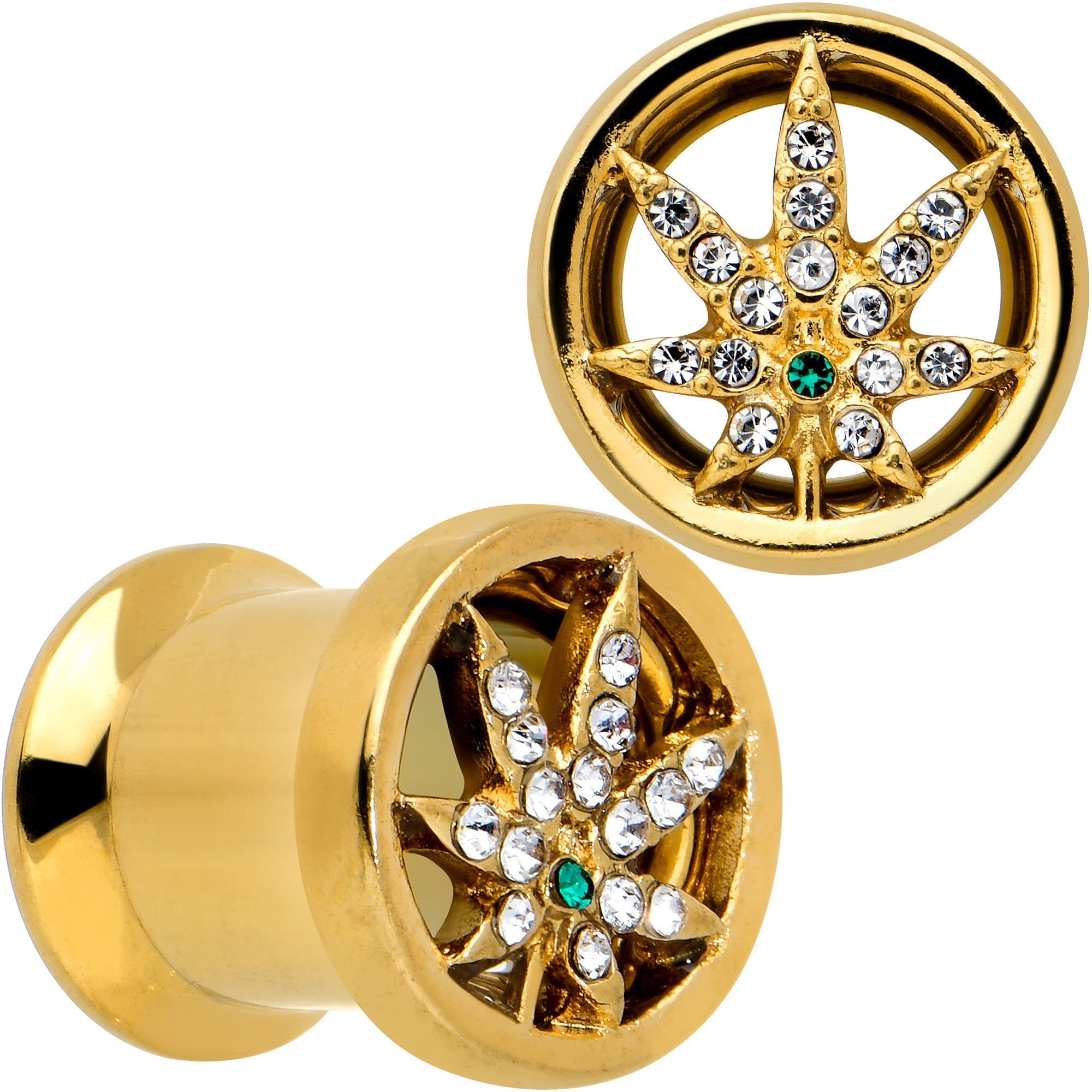 BodyCandy Green Gem Gold Tone Pot Leaf Double Flare Tunnel Plug Set — feature highlight