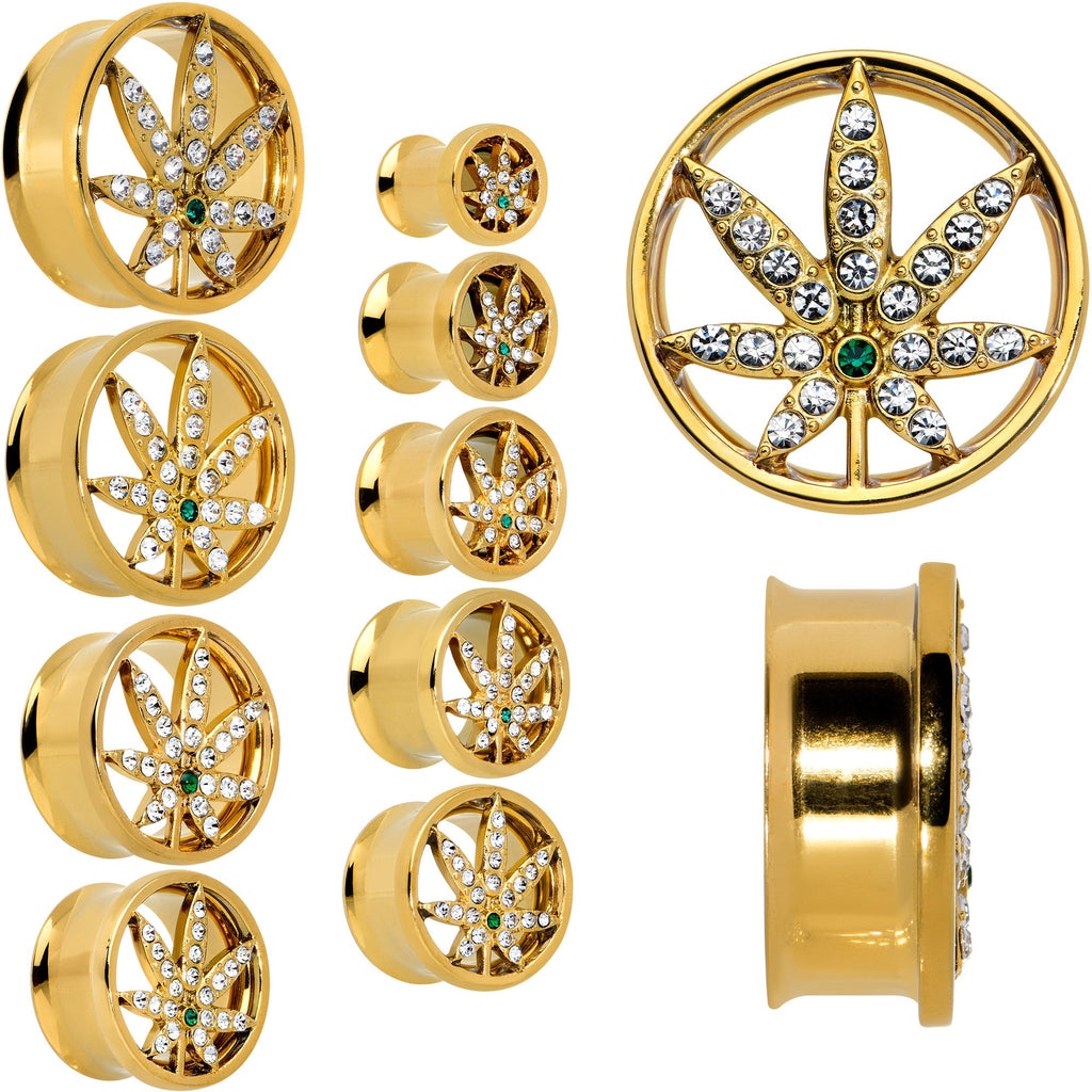 BodyCandy Green Gem Gold Tone Pot Leaf Double Flare Tunnel Plug Set — main product shot