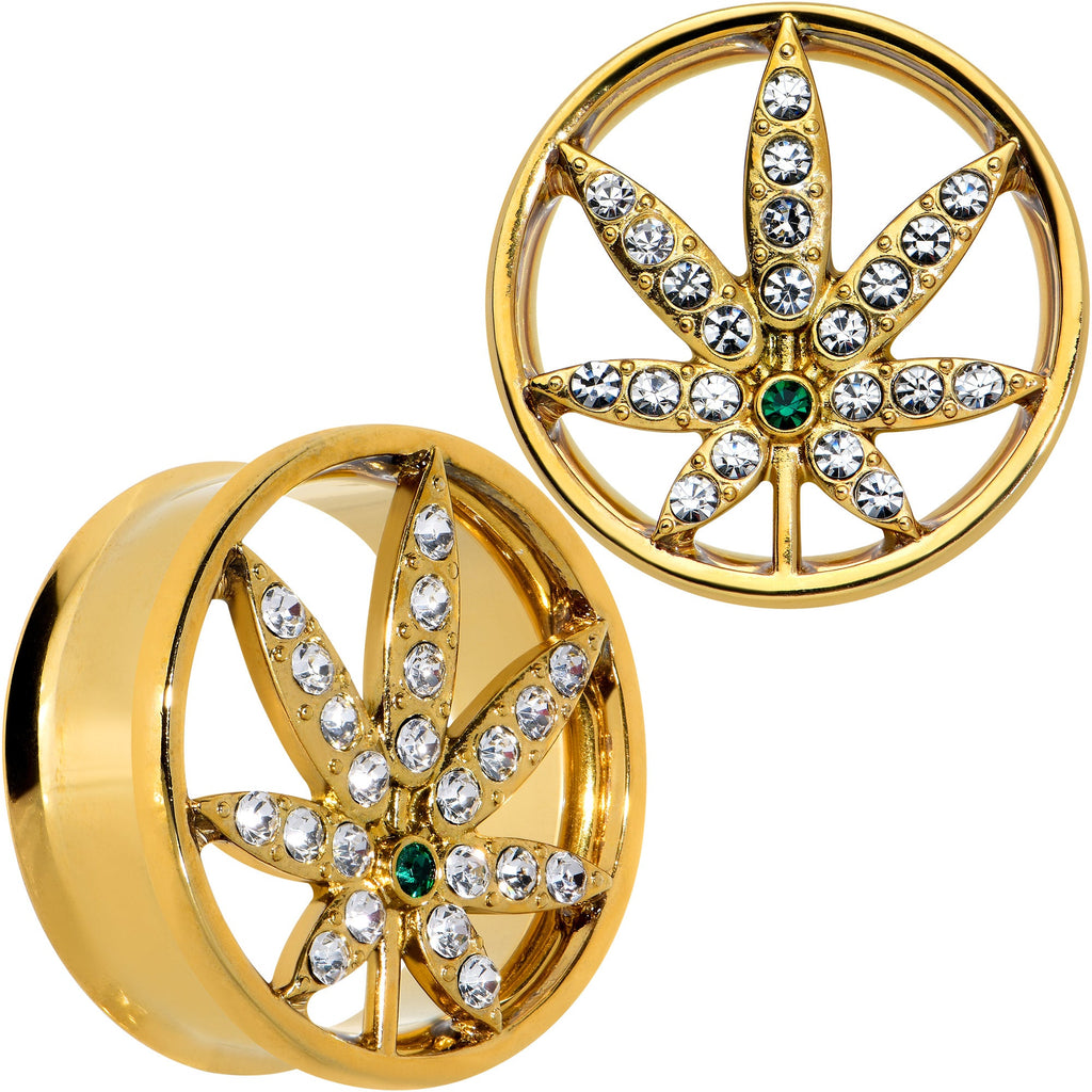 BodyCandy Green Gem Gold Tone Pot Leaf Double Flare Tunnel Plug Set — detail close-up