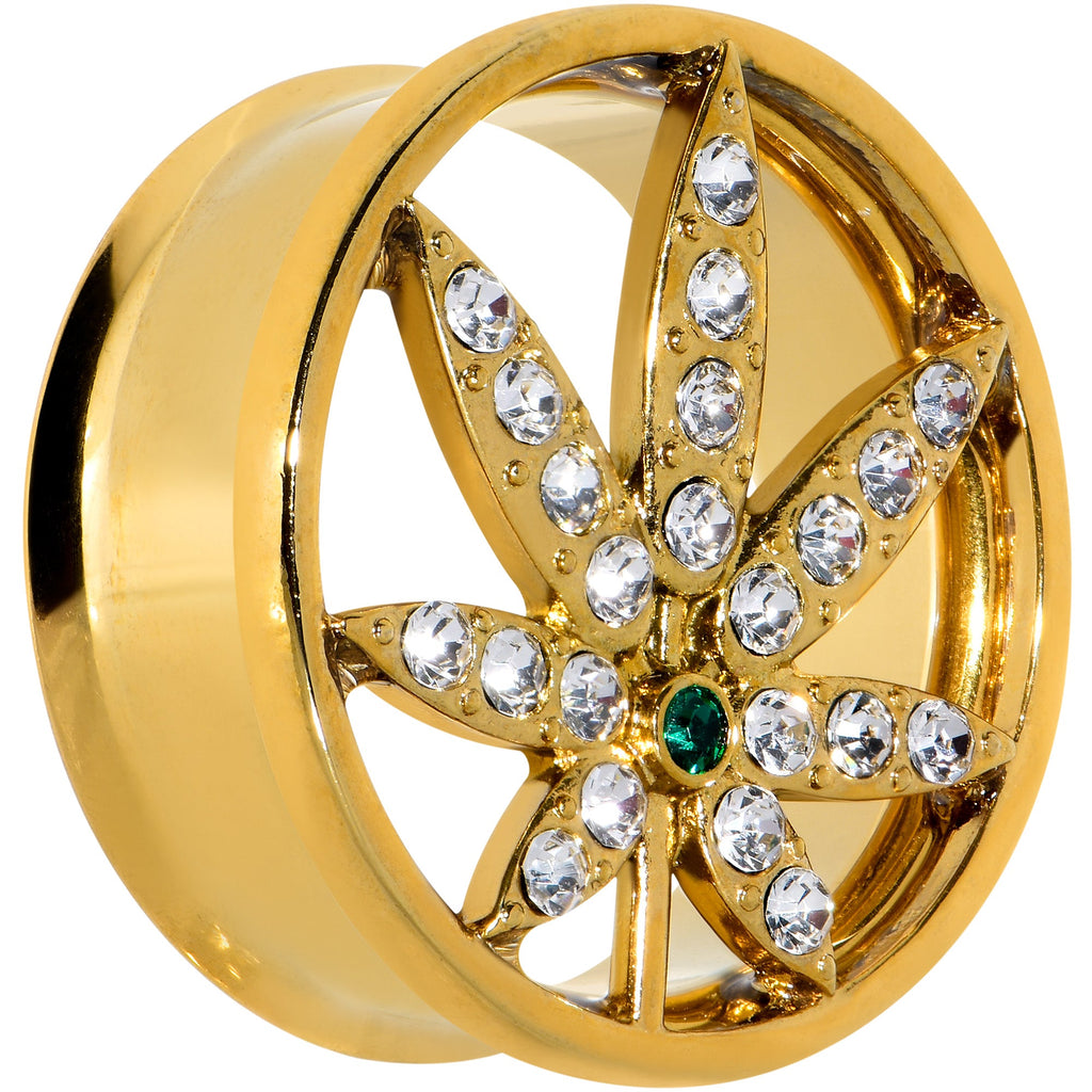 BodyCandy Green Gem Gold Tone Pot Leaf Double Flare Tunnel Plug Set — lifestyle context