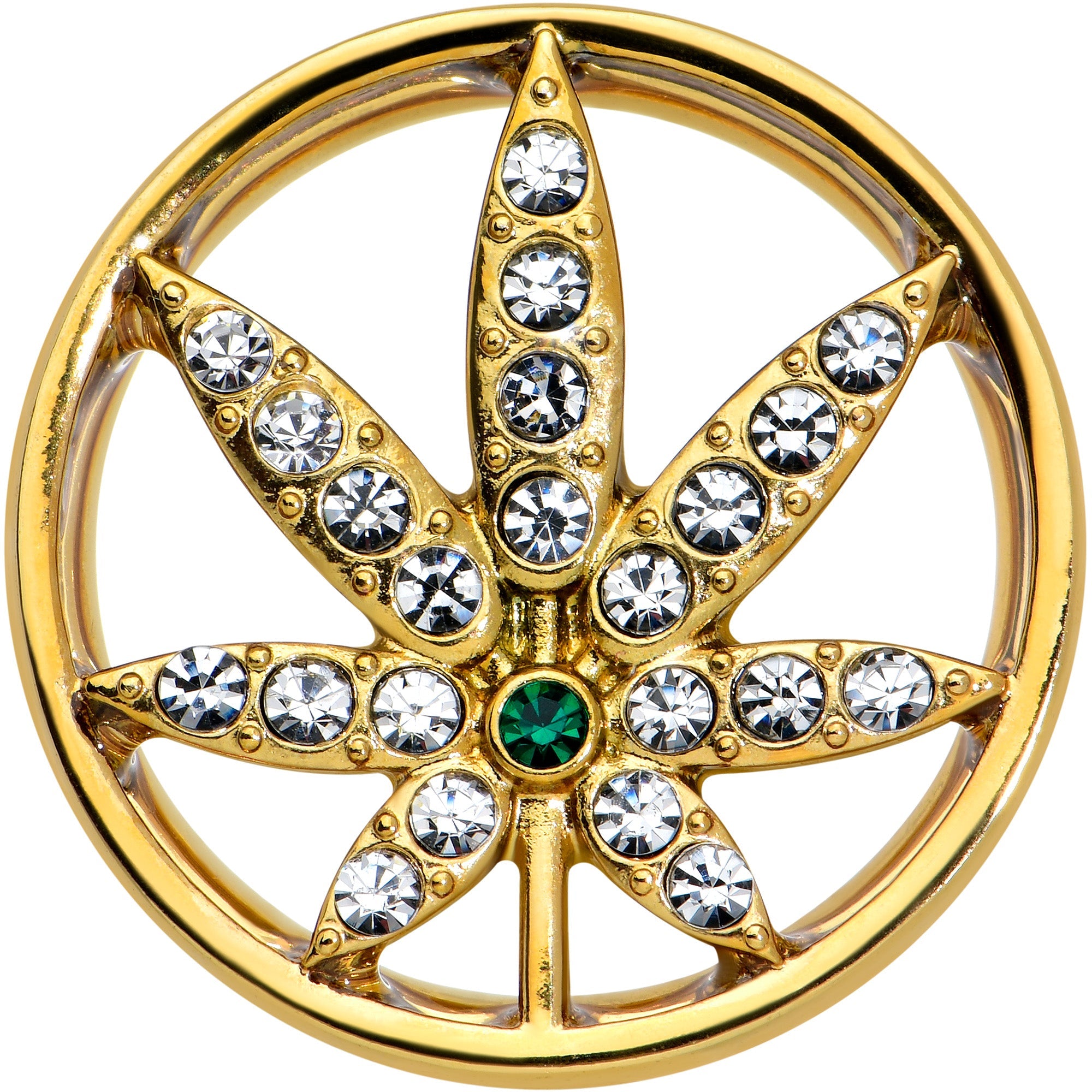 BodyCandy Green Gem Gold Tone Pot Leaf Double Flare Tunnel Plug Set — side view