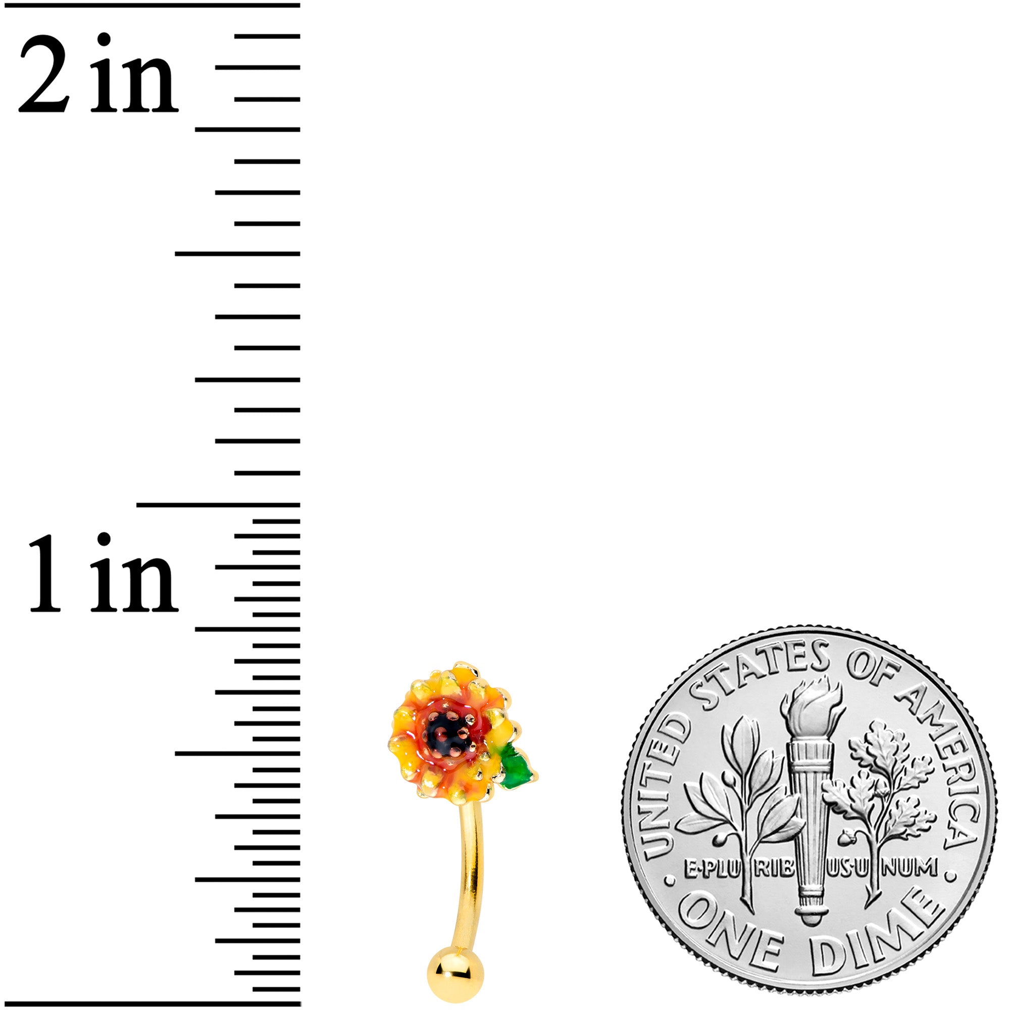BodyCandy 16G 5/16 Gold Tone Summer Sunflower Curved Eyebrow Ring — detail close-up