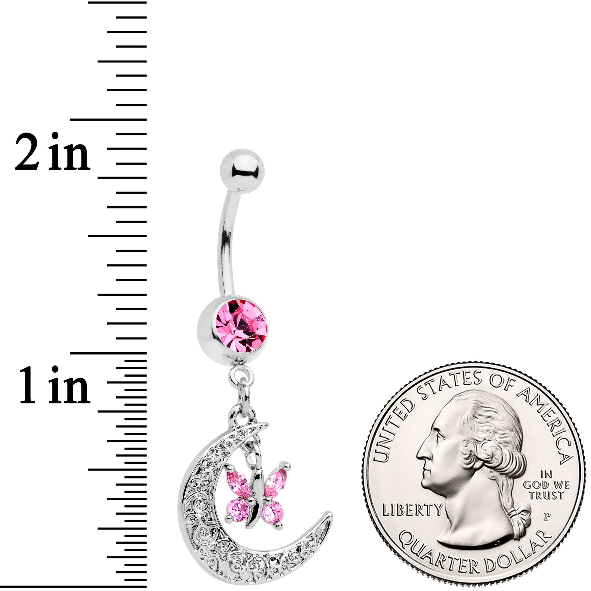 BodyCandy Pink Gem Crescent Moon Butterfly Dangle Belly Ring — detail close-up