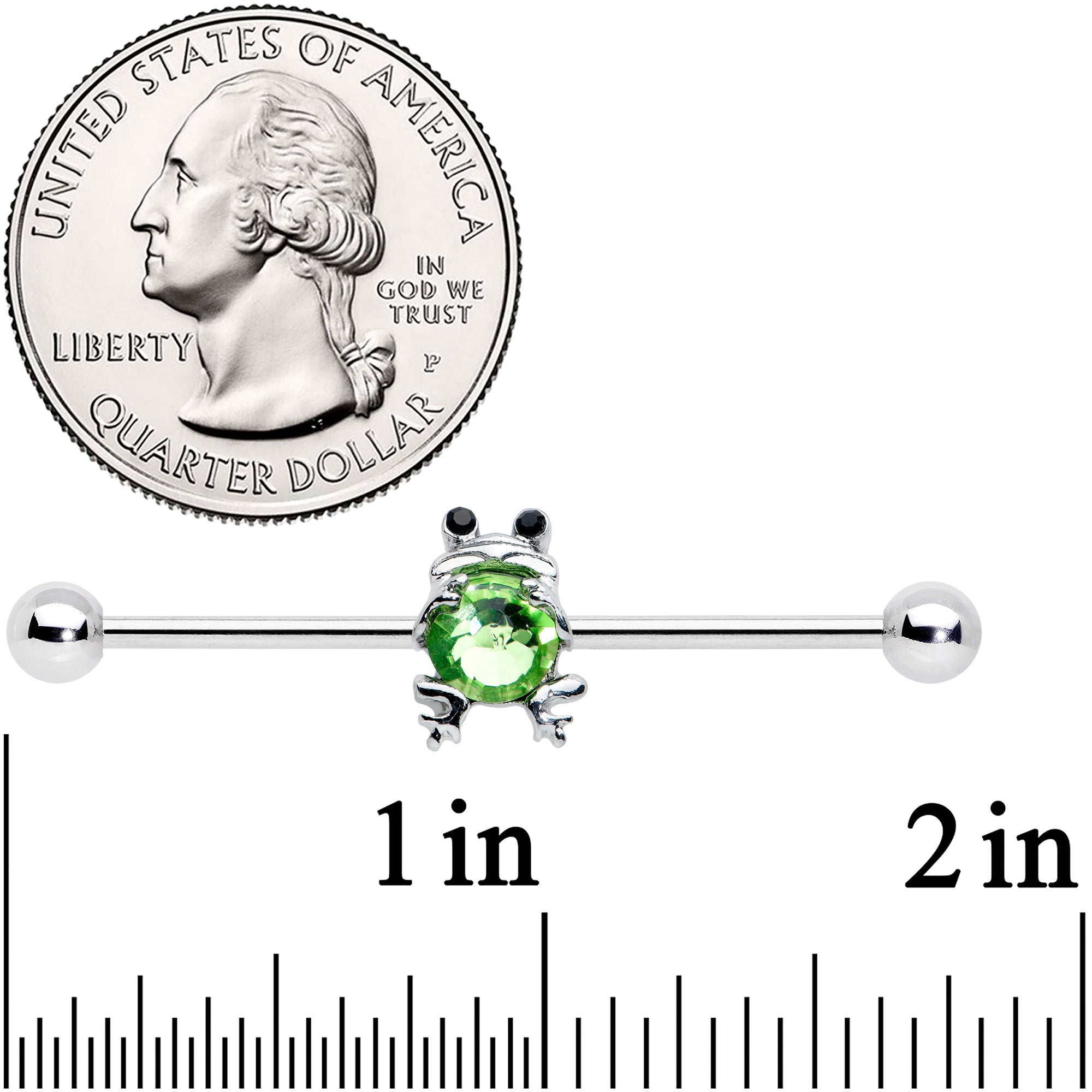 BodyCandy 14G Black Green Gem Fancy Frog Industrial Barbell 38mm — detail close-up