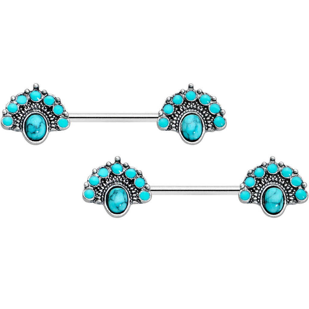 BodyCandy 14G 9/16 Blue Turquoise Southwest Shield Barbell Nipple Ring Set — main product shot